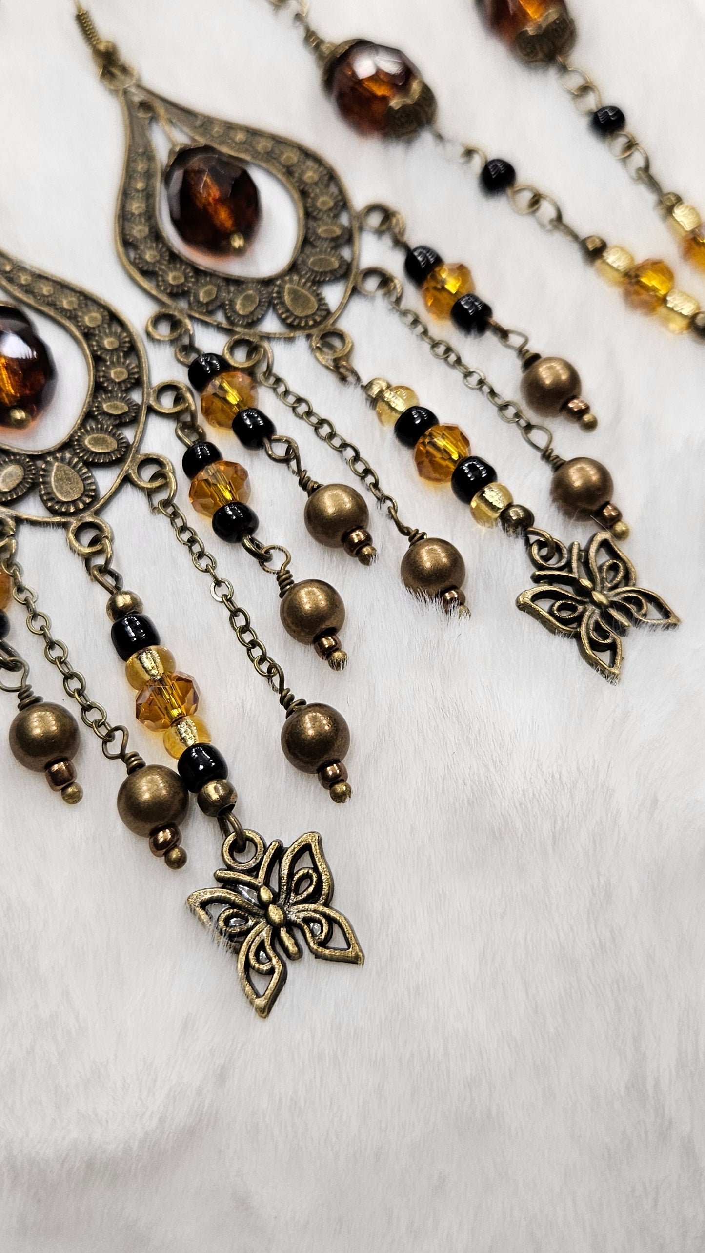 Large Brass Chandelier Earrings with Dark Amber Golden Crystals and Butterfly Charms