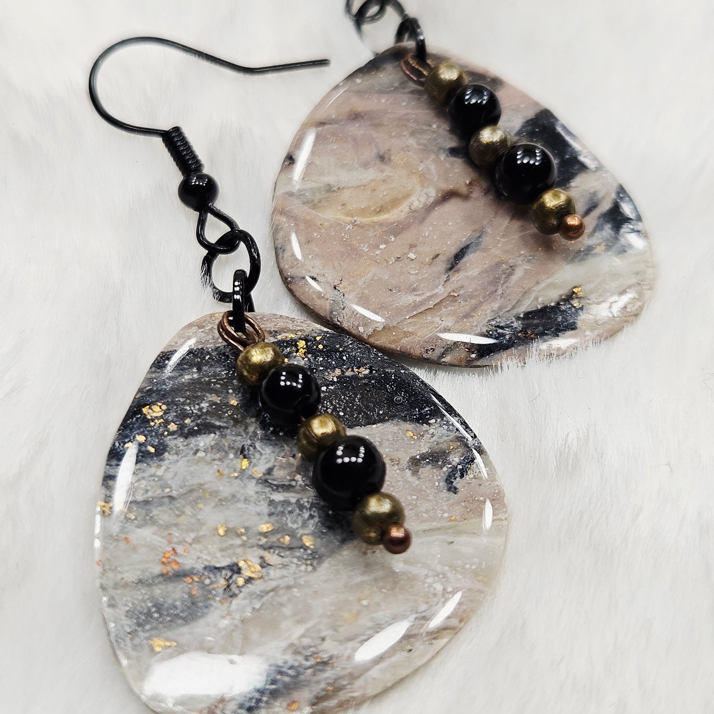 Black and Brown Gold Flake Marble Polymer Clay Earrings with Black Bead Dangles