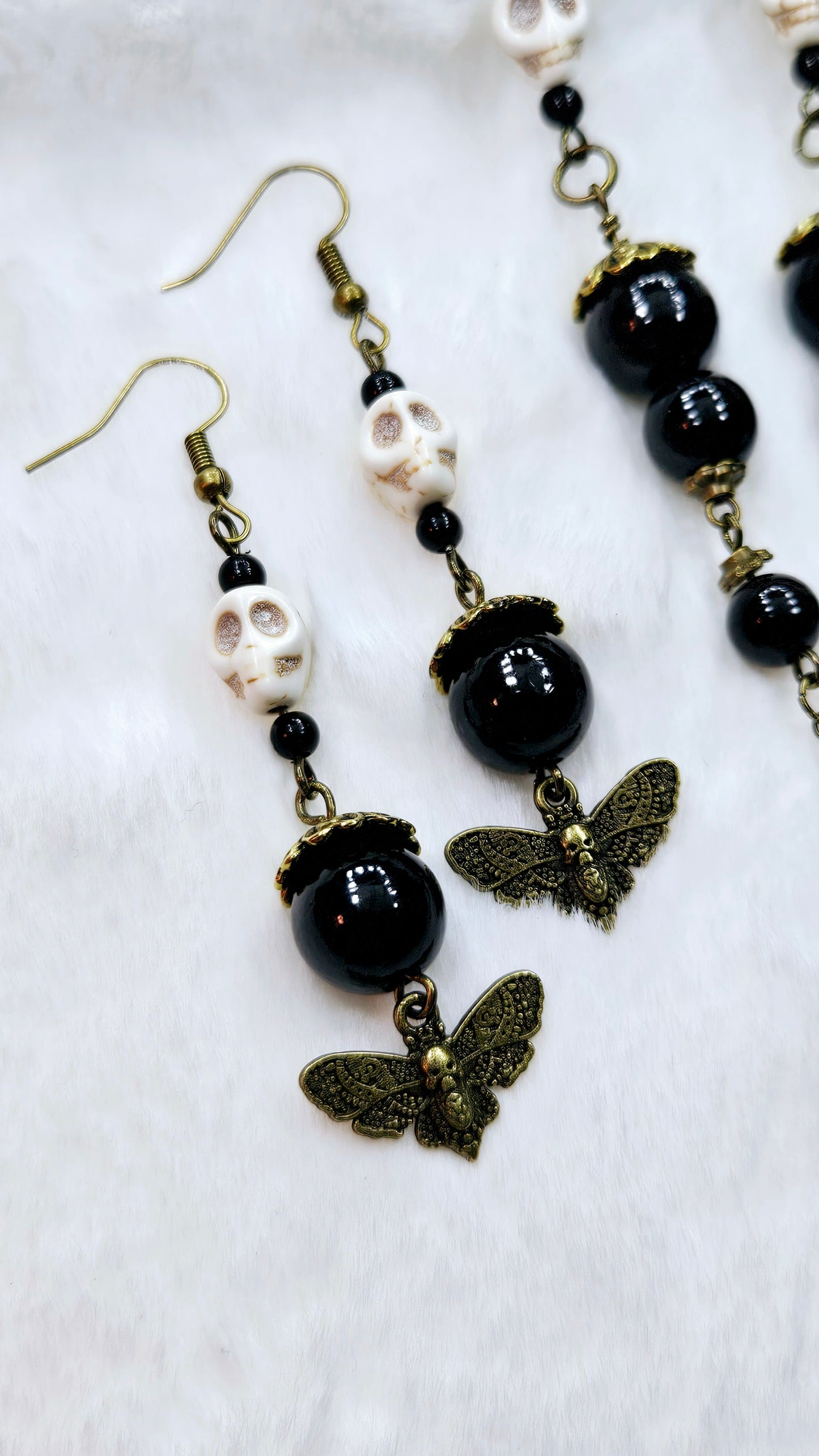 Macabre Moth & Skull Set: Brass Death Moth Pendant Necklace with Howlite Skulls & Matching Earrings