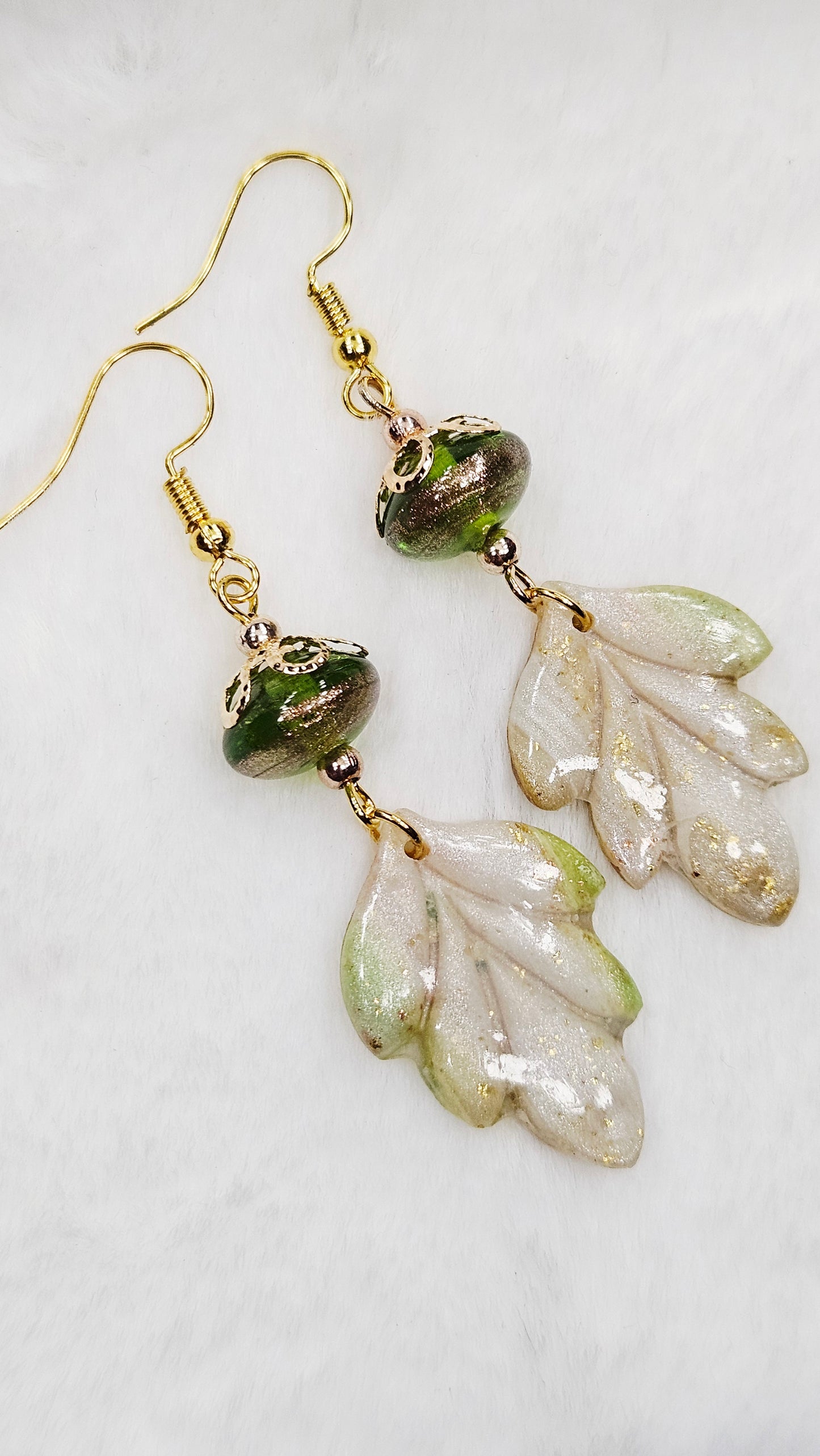 Marbled Green & Gold Fleck Clay Leaves with Copper Brushed Green Glass Dangle Earrings