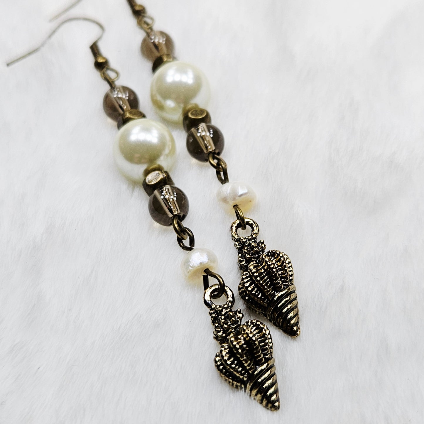 Long Bronze Conch Shell Earrings with Smokey Brown Glass and Pearl