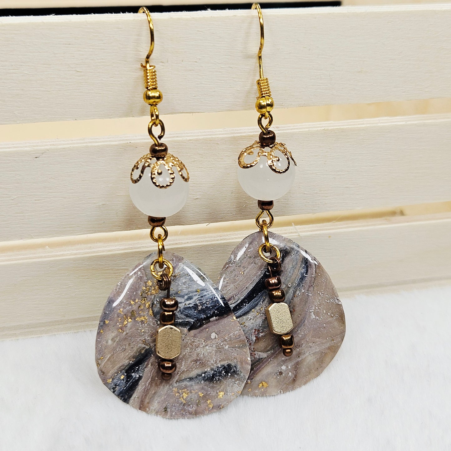 Black and Brown Gold Flake Marble Polymer Clay Earrings
