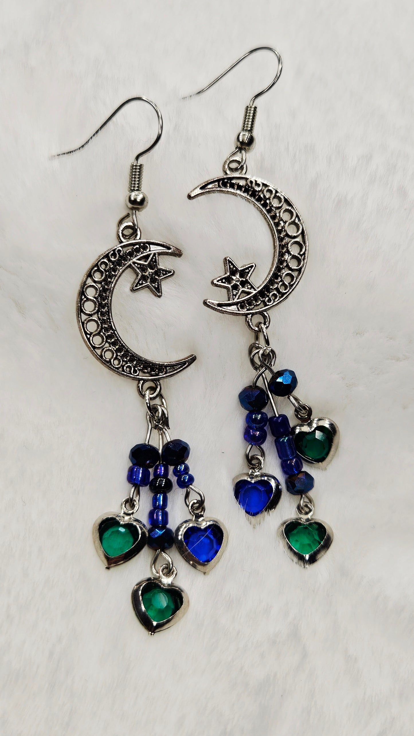 Silver Filigreen Moons with Blue and Green Gem Hearts Clusters Dangle Earrings