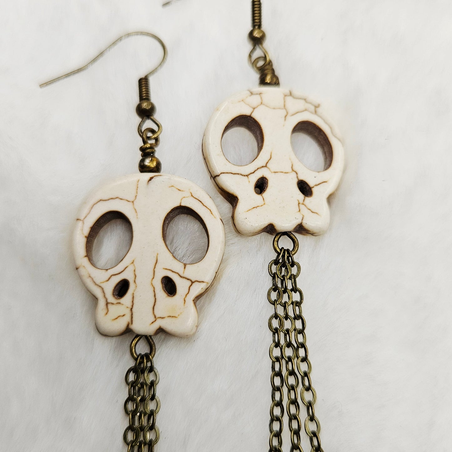 Long Howlite Skull and Chain Earrings with Smokey Brown Glass Dangles in Brass or Silver