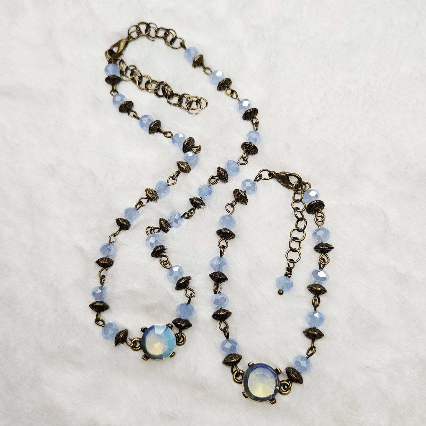 Oceanic Antiqued Brass and Baby Blue Crystal Necklace and Bracelet Set