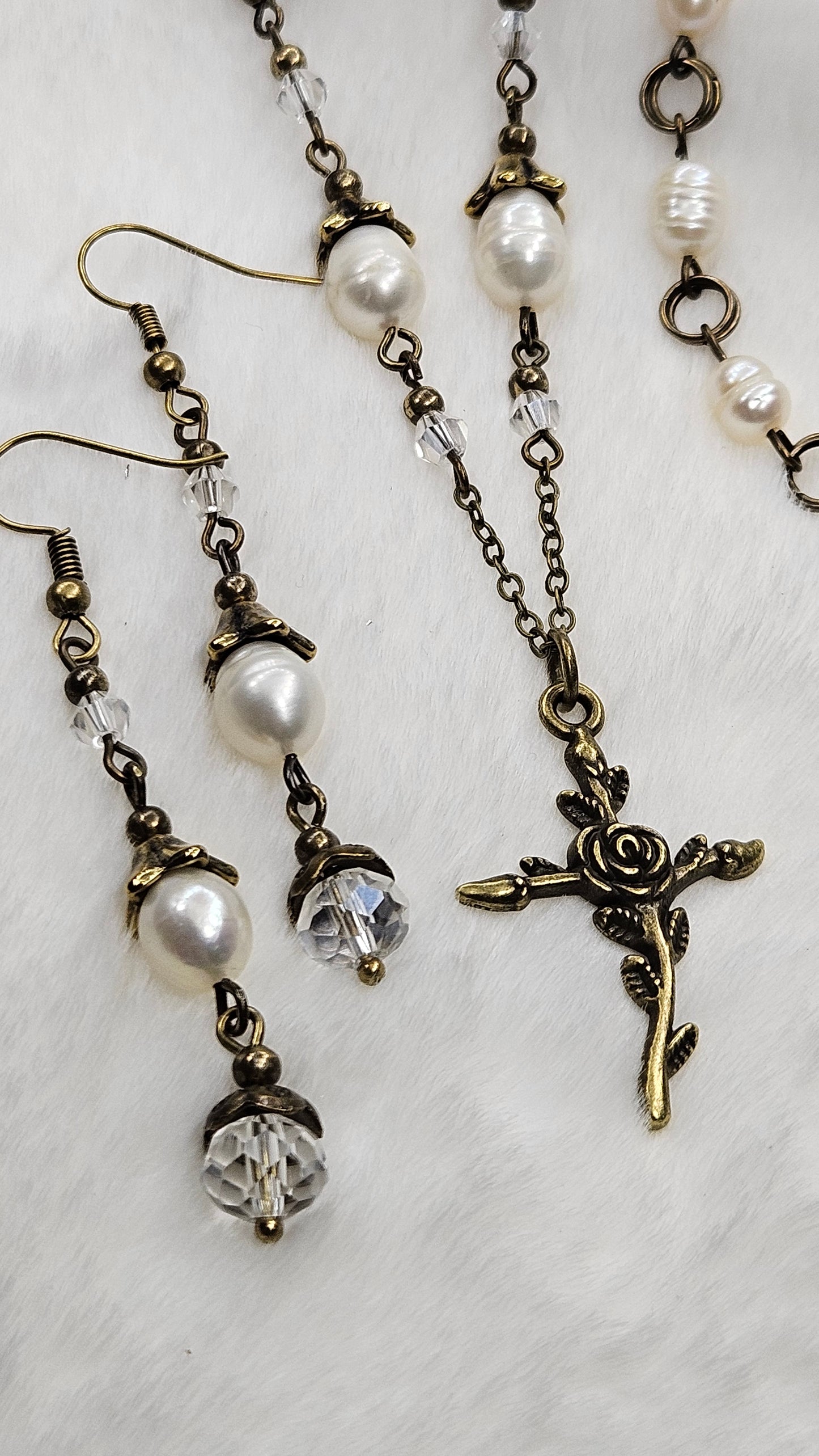 Antique Brass Risen Rose Cross Set - Rose Cross Pendant Necklace with Crystal & Freshwater Pearls Earrings & Bracelet