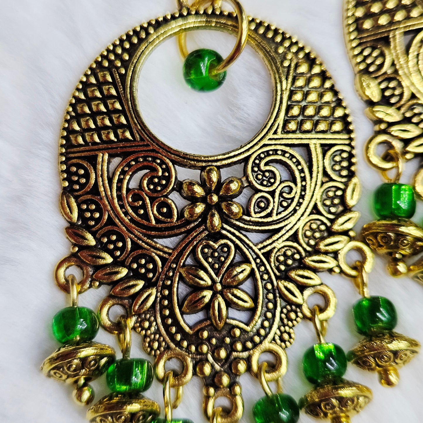 Bali Style Brassy-Gold Chandelier Earrings in Green glass