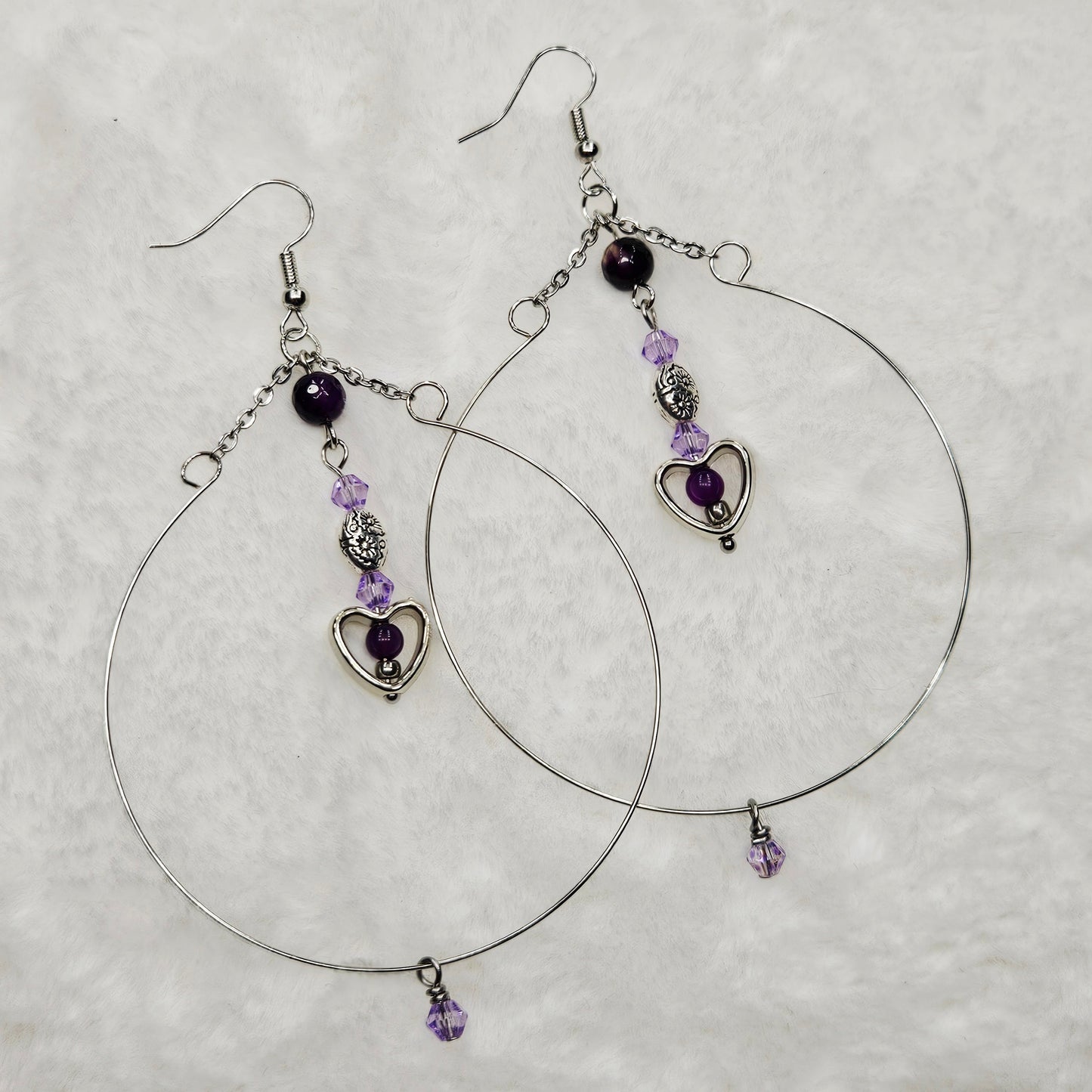 Large Silver Hoop Earrings with Tiny Purple Accents and Heart Dangles
