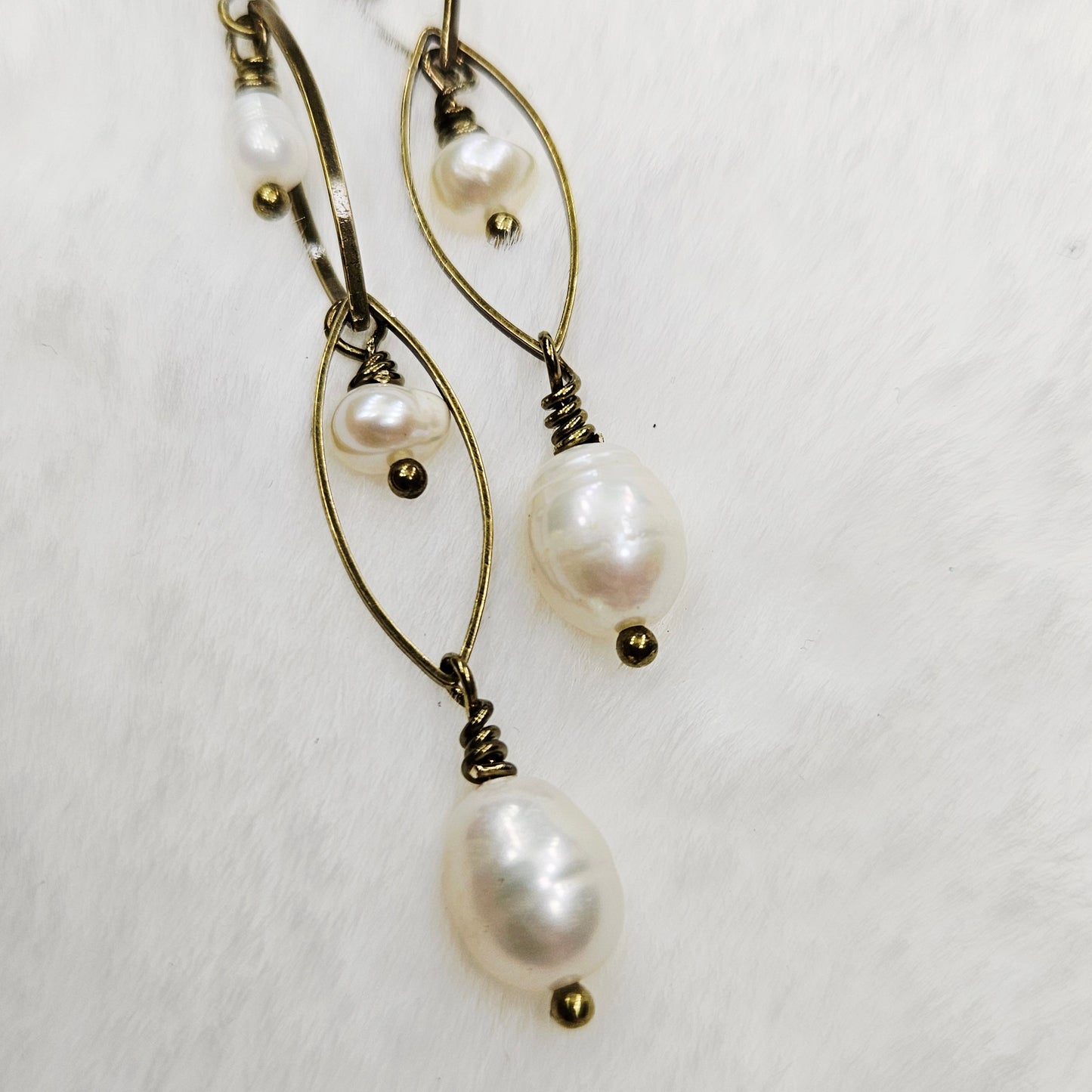 Long Antiqued Brass Oval Links with a Trio of Creamy Freshwater Pearl Dangles