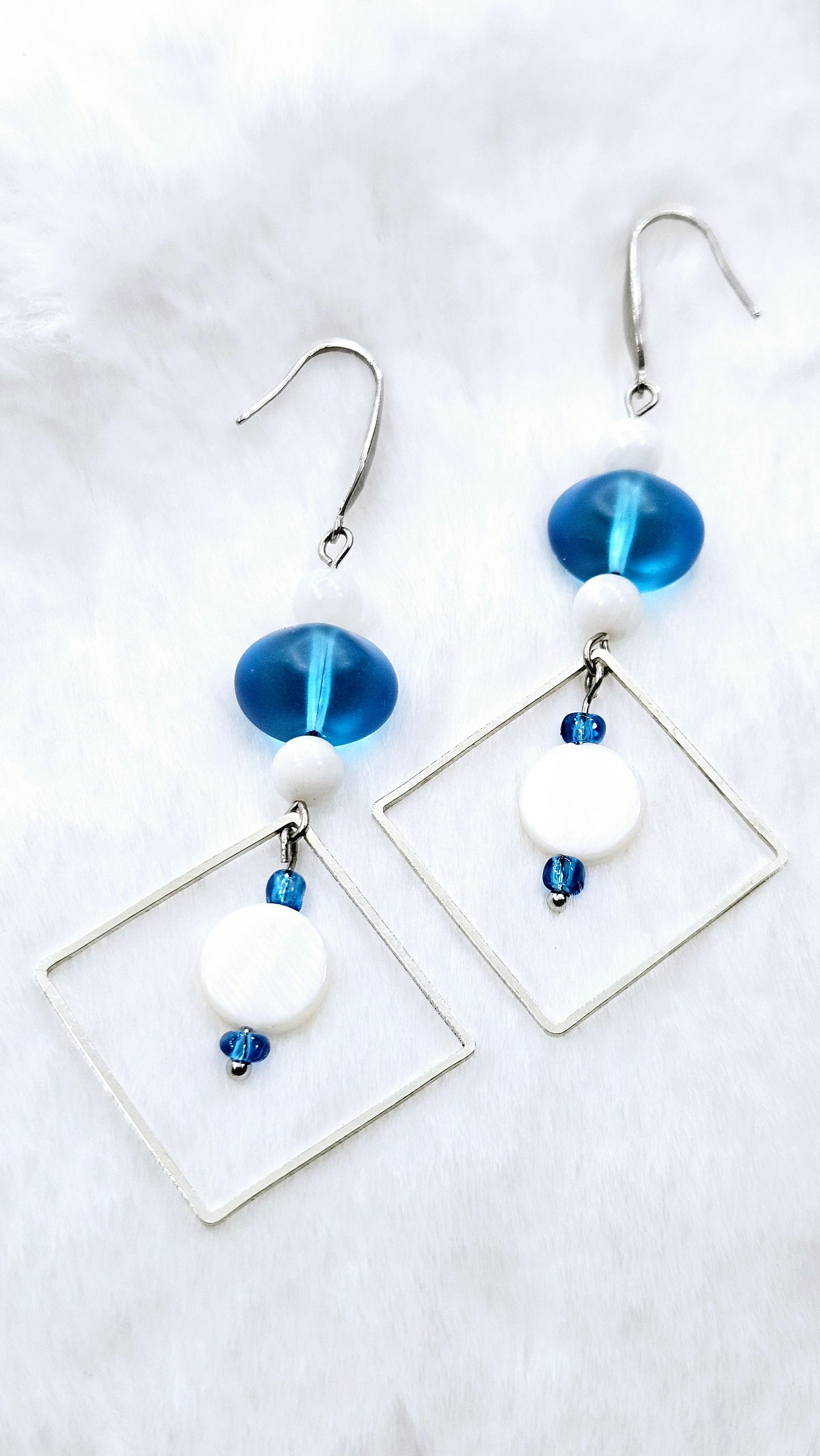 Deep Sky Blue & Pearl Silver Diamond Hoop Dangle Earrings
