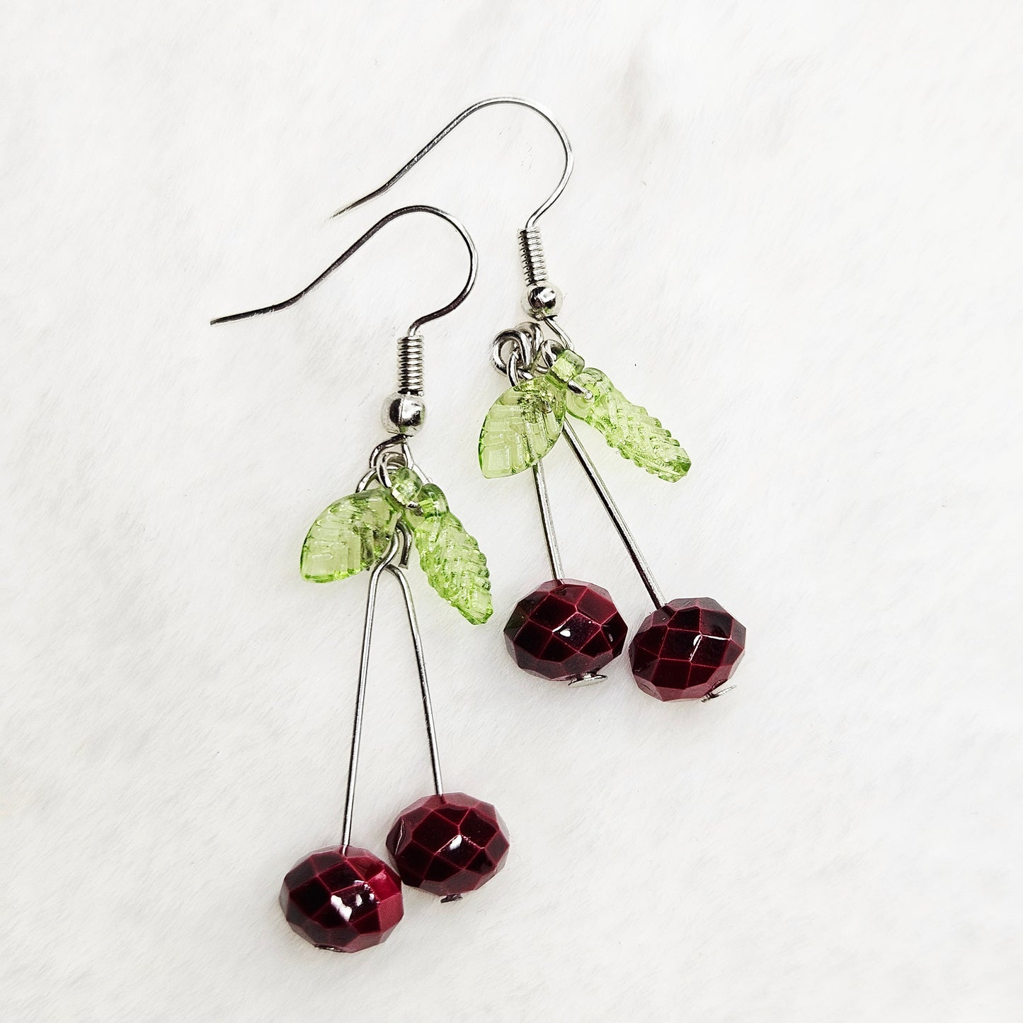 Razzle-Dazzle Red Cherry Drop Dangle Earrings with Green Leaves - 2"