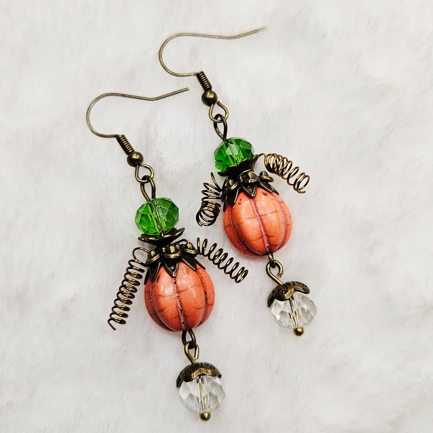 Orange Pumpkin Men Earrings with Round Crystal Dangles