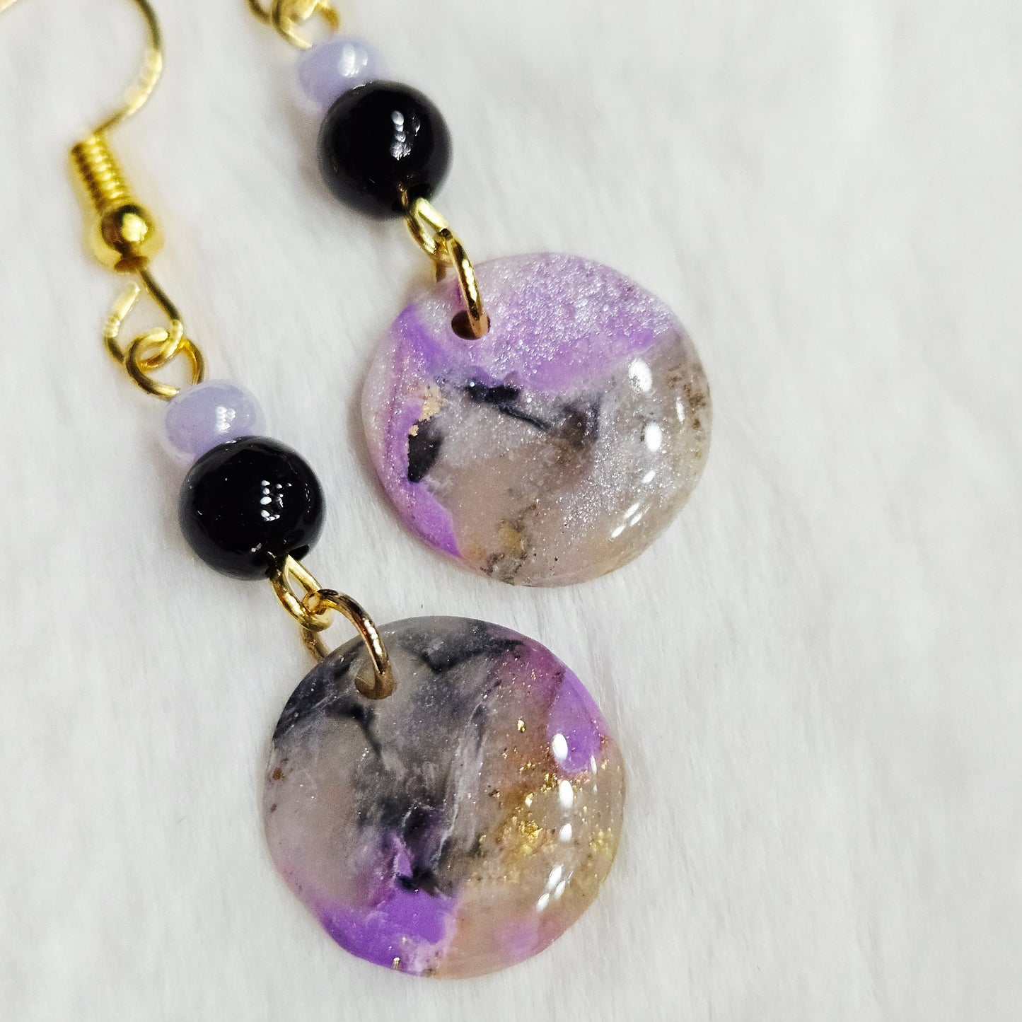 Purple Polymer Clay Marble Danngle Earrings with Black & Light Purple Beads in Gold
