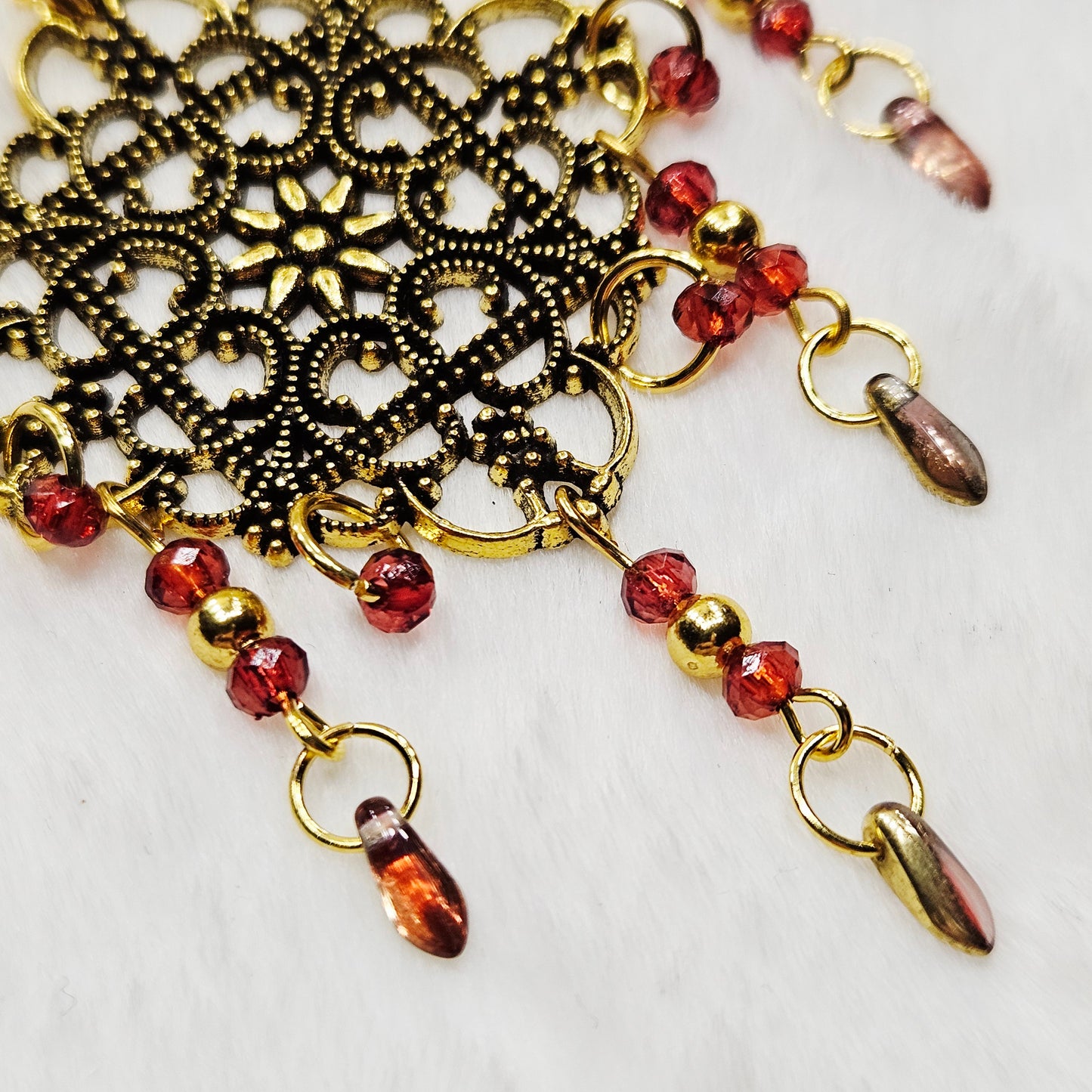 Square Antique Gold Tibetan Filigree Rhombus Chandelier Earrings with Red Dangles