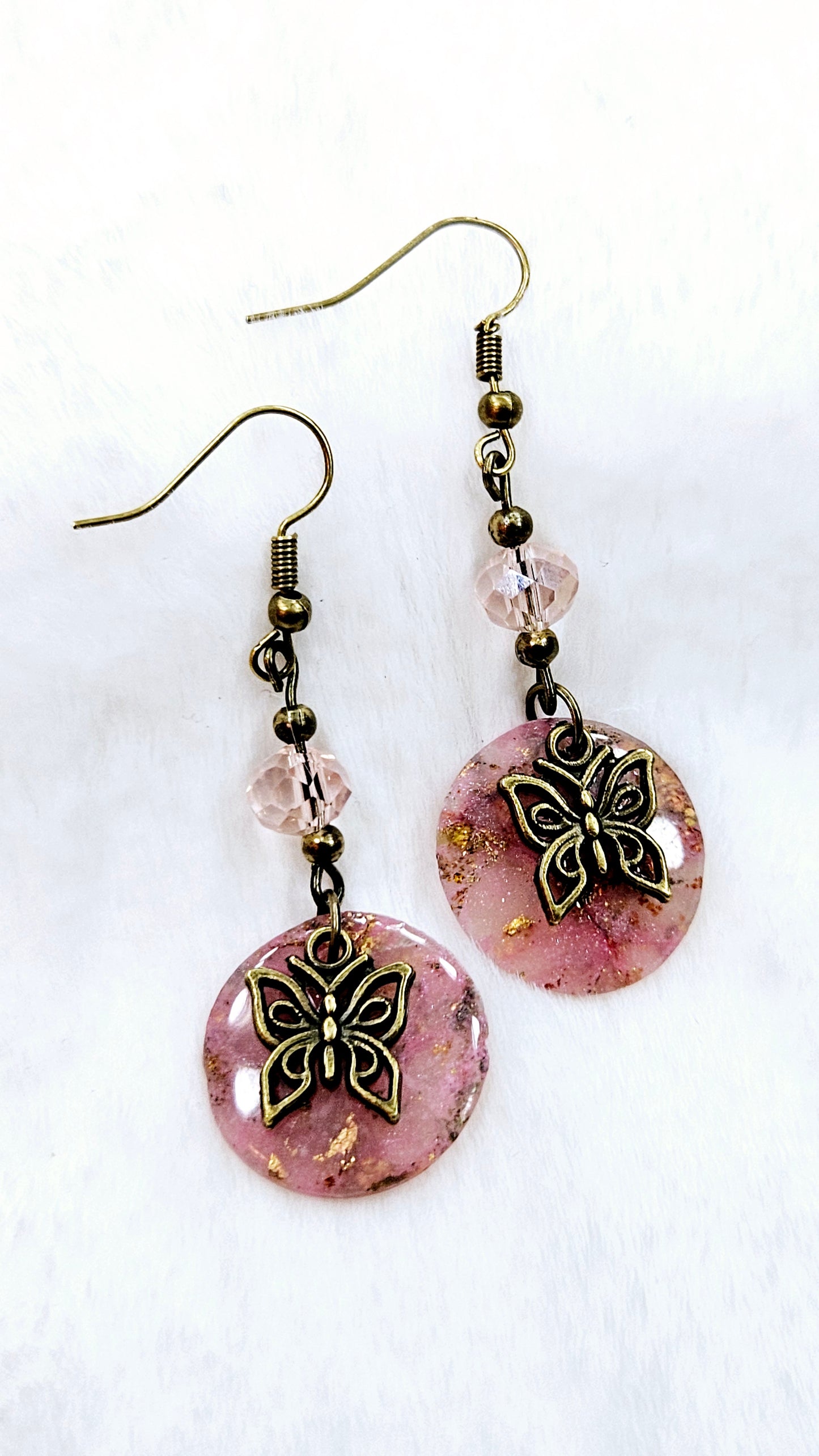 Pink Passion Marbled Clay with Gold Fleck on Bronze Dangle Earrings (2 Styles) - 2½"