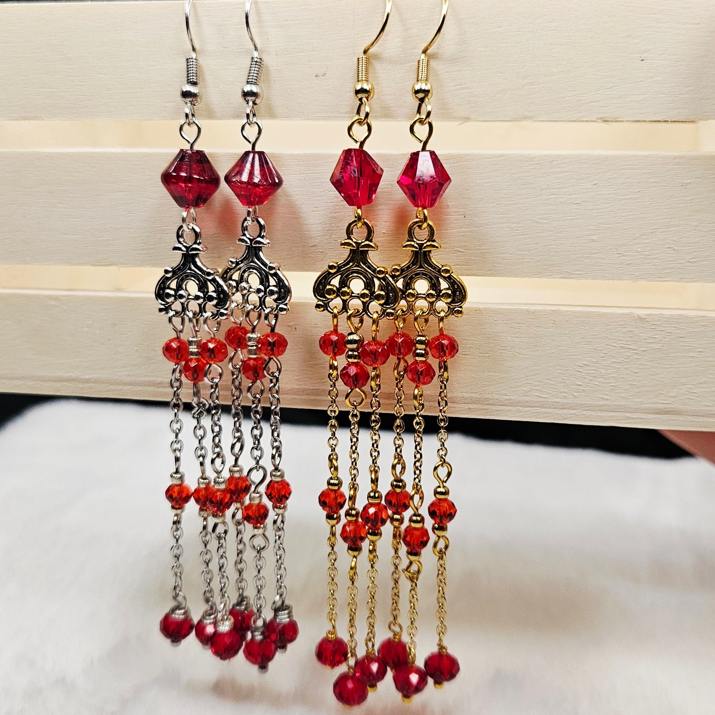 Long Red Crystal Micro Chandelier Earrings in Silver or Gold