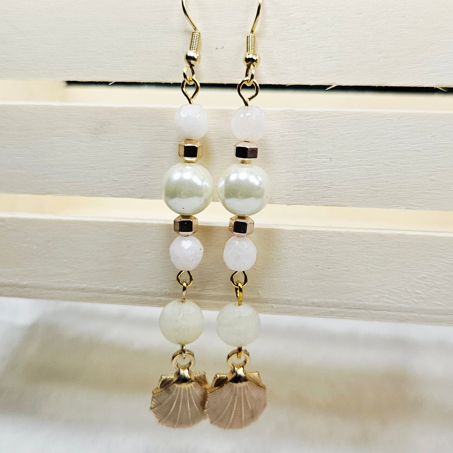 Long Beige Enamel Clamshell Earrings with Pearl and Quartz