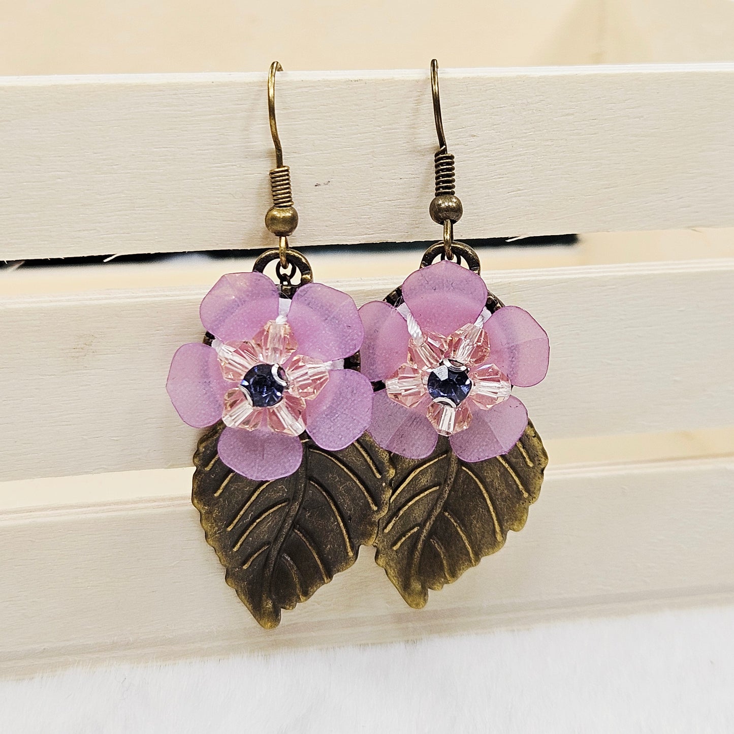 Brass Leaf Earrings with Light Pink Flowers