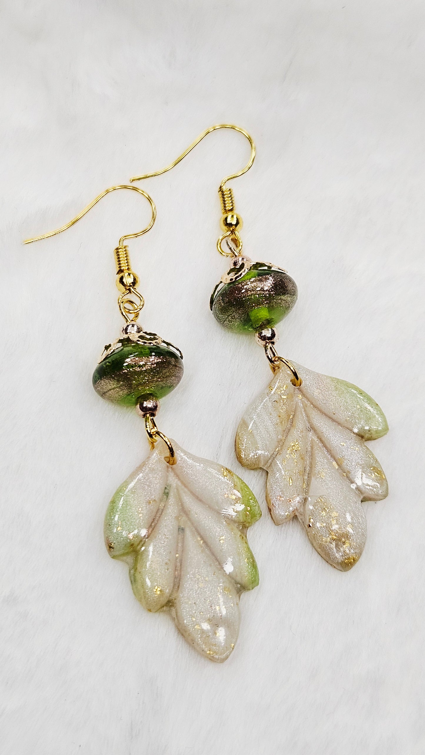 Marbled Green & Gold Fleck Clay Leaves with Copper Brushed Green Glass Dangle Earrings