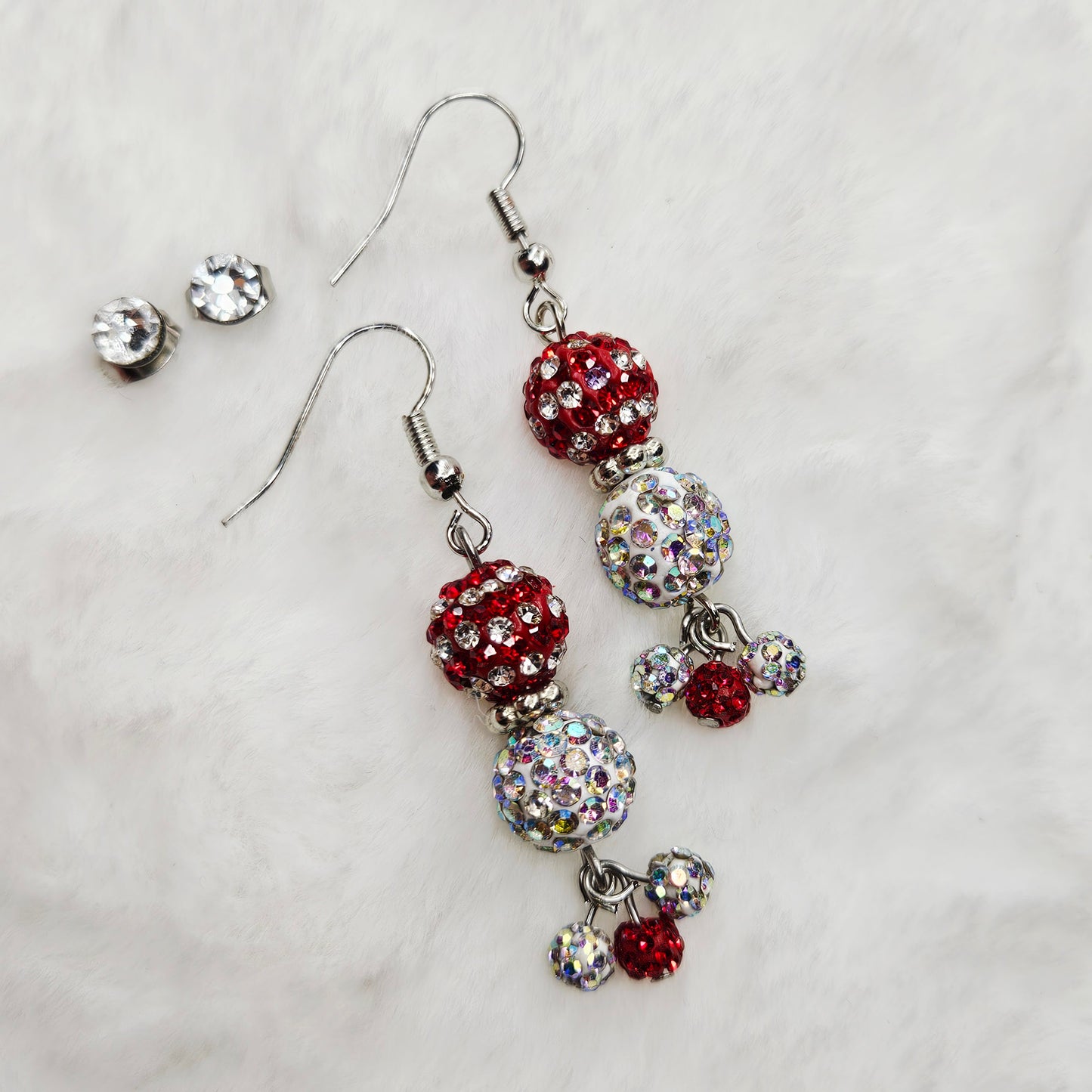 Super Sparkly Red and White Rhinestone Disco Ball Earrings with White or Red Studs