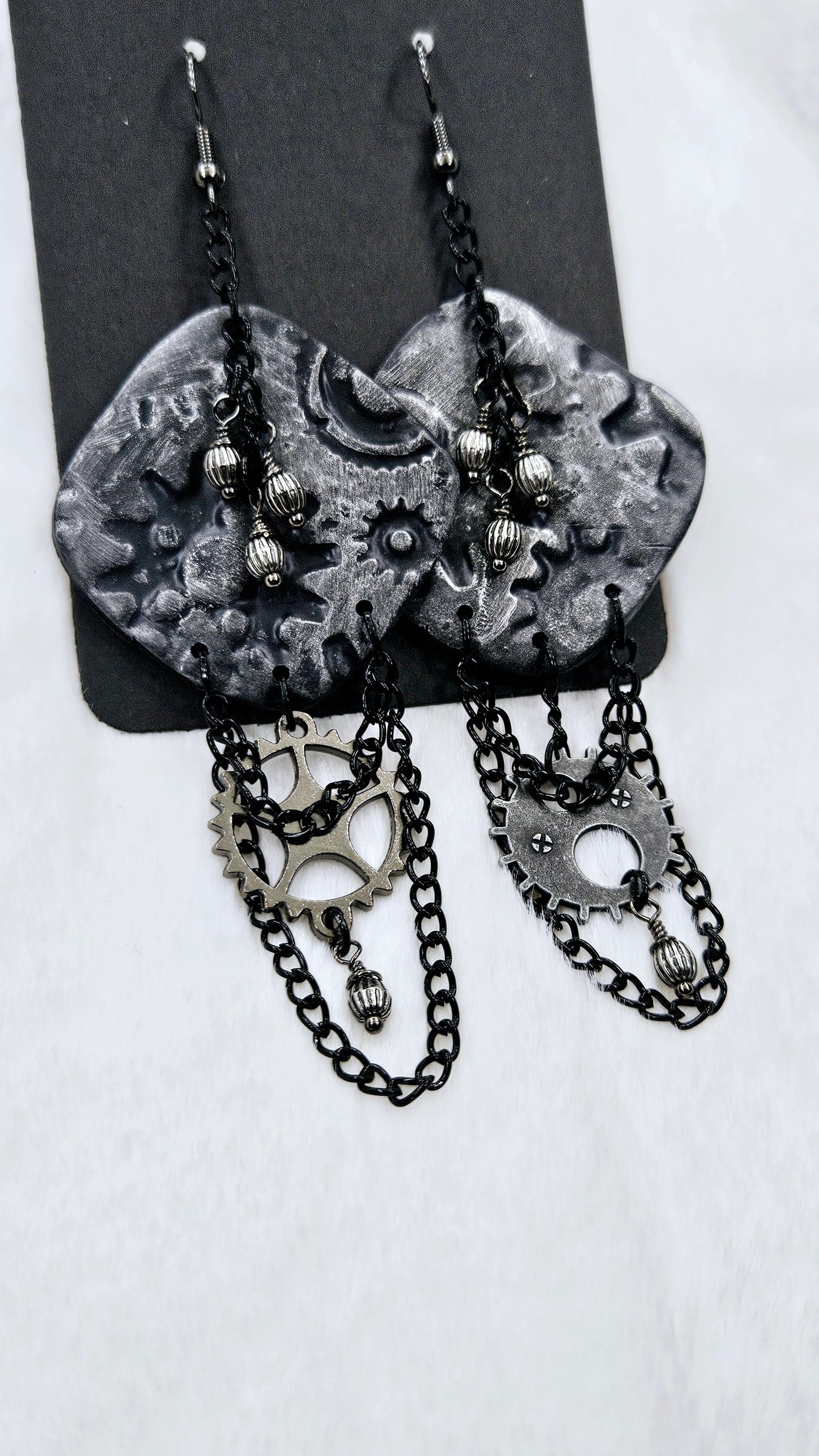 Pop, Lock & Cog It Black Steampunk Clay Dangle Earrings with Cogs & Chain
