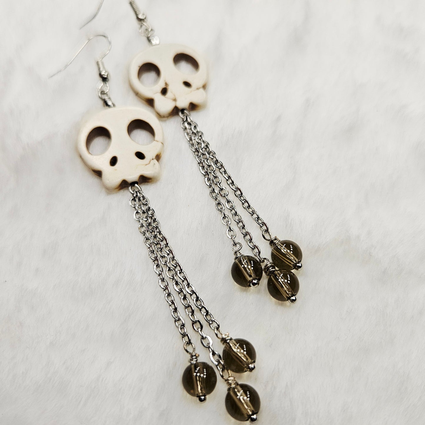 Long Howlite Skull and Chain Earrings with Smokey Brown Glass Dangles in Brass or Silver