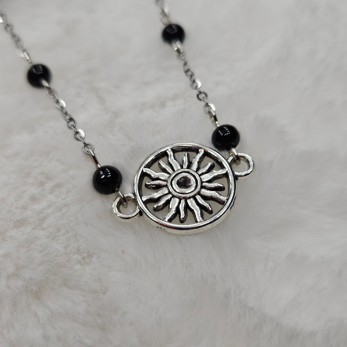 Black Hole Sun Beaded Silver Chain Necklace with Polished Black Glass - 16"