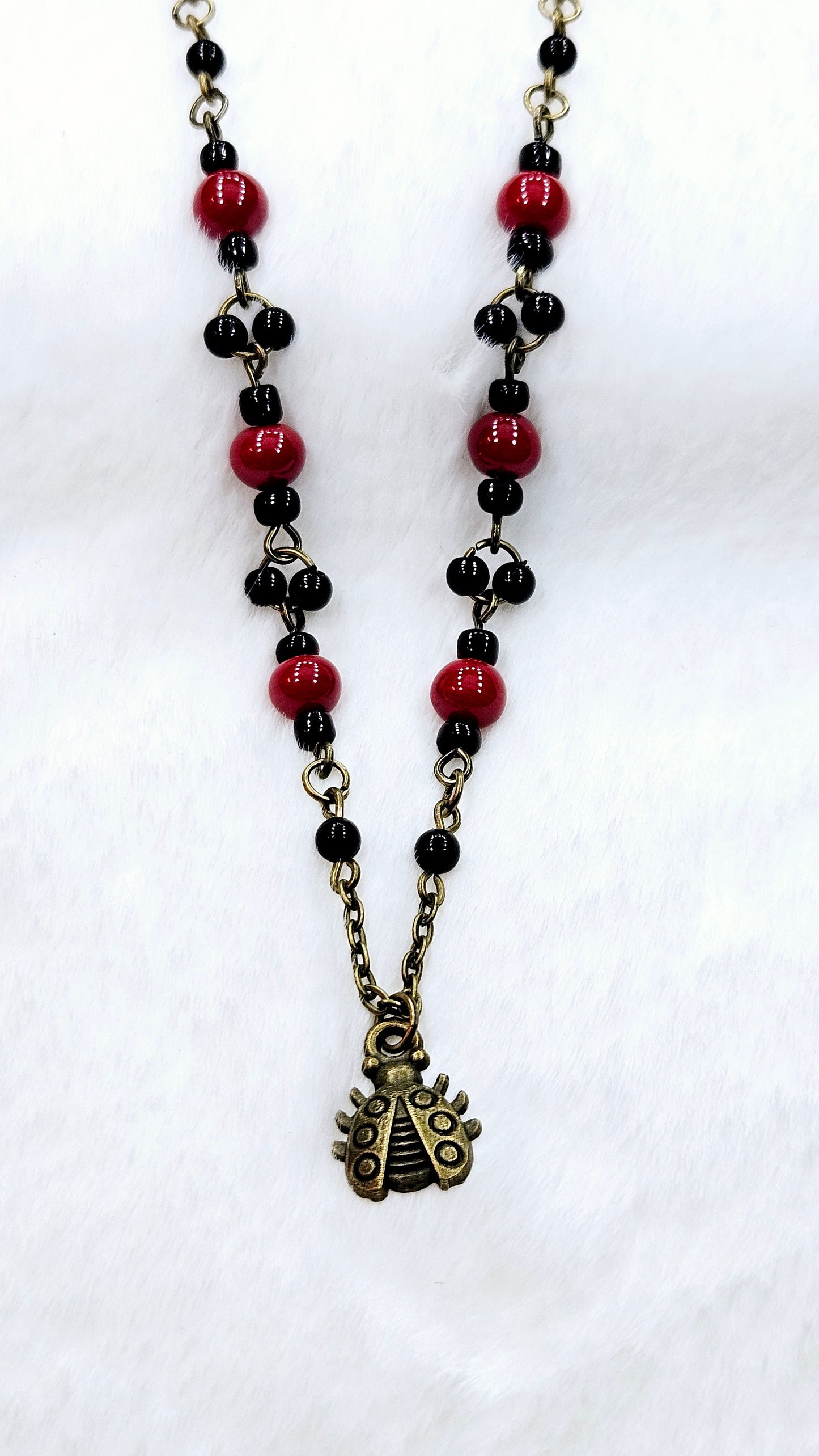 Loveable Little Ladybug Set: Brass Ladybug Pendant Necklace & Earrings with Red & Black Beads