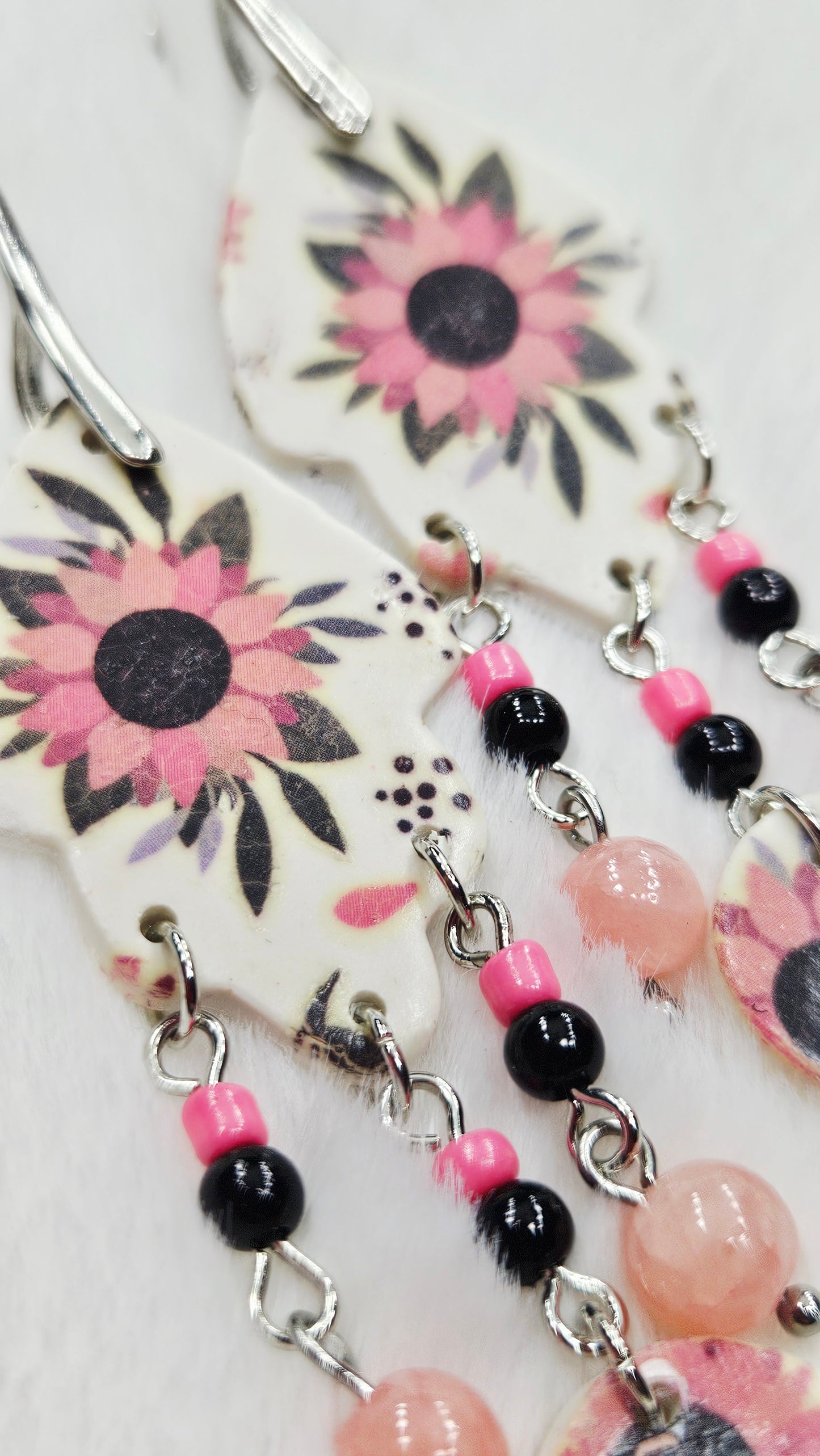 Vintage Pink Floral Print Polymer Clay Chandelier Earrings with Pink & Black Dangles - 3"