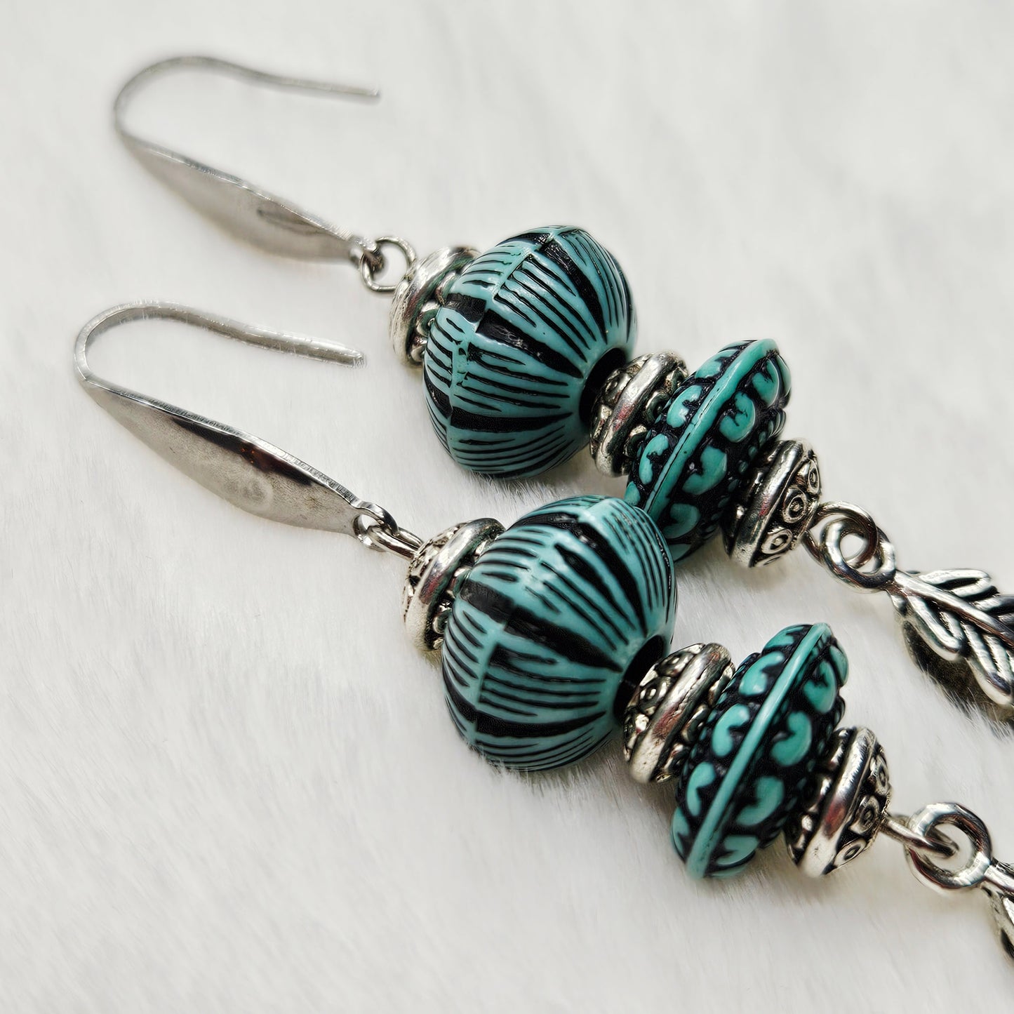 Western Style Vintage Turquoise and Silver Dangle Earrings with Feather Charms