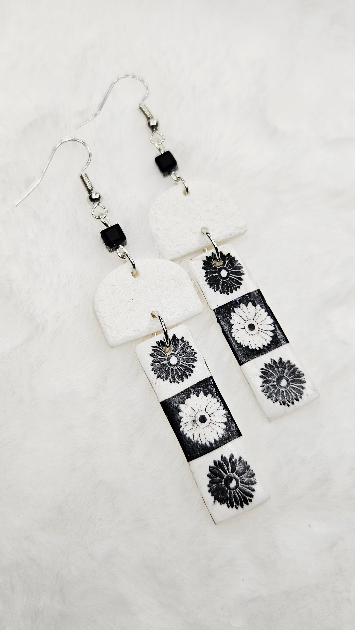 Monochrome Floral Print Clay Earrings with Black or White Arches - 3"