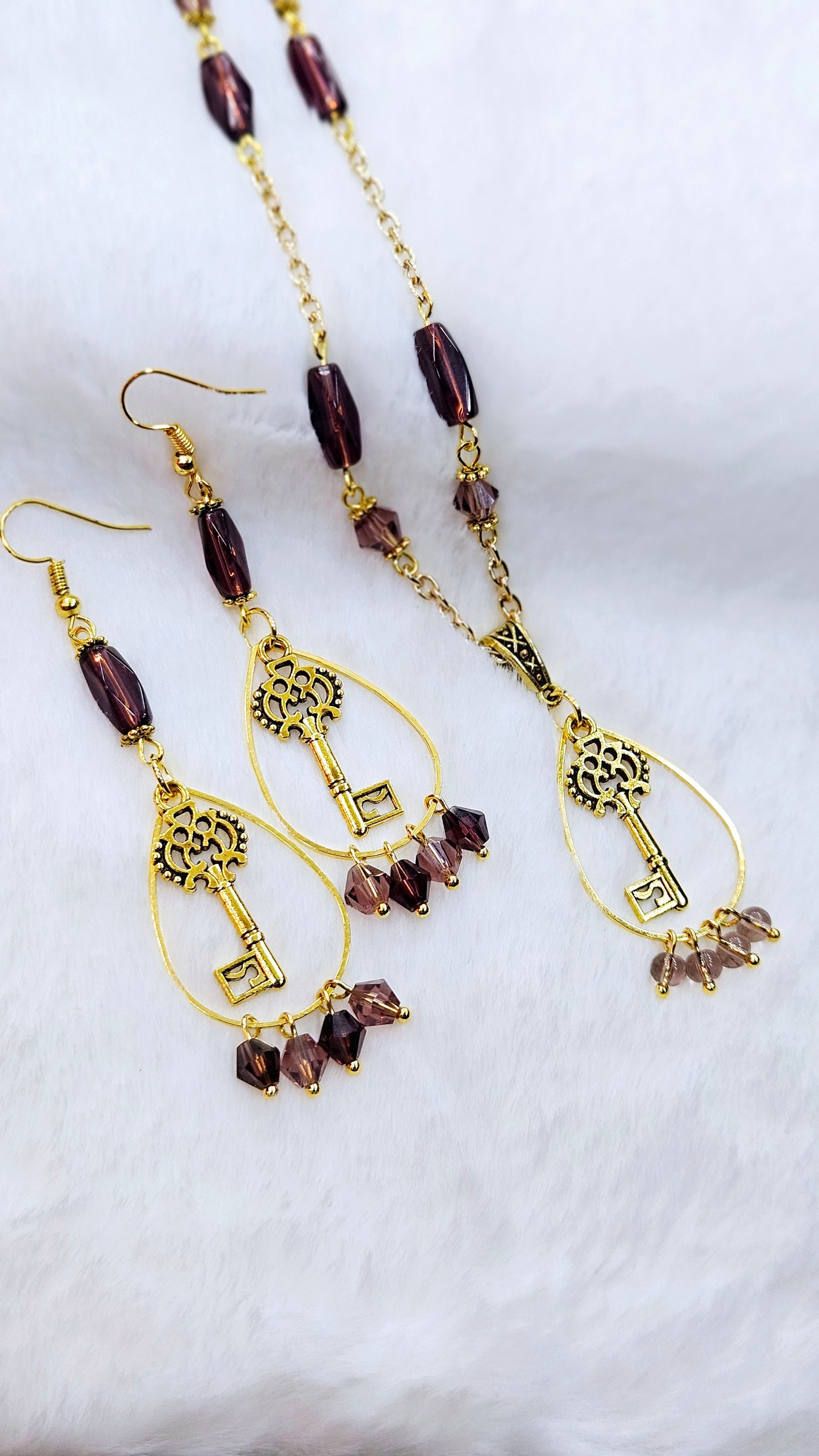 Stoic Skeleton Key Set: Golden Skeleton Keys Framed with a Beaded Teardrop & Deep Purple Glass Beads Matching Necklace & Earrings