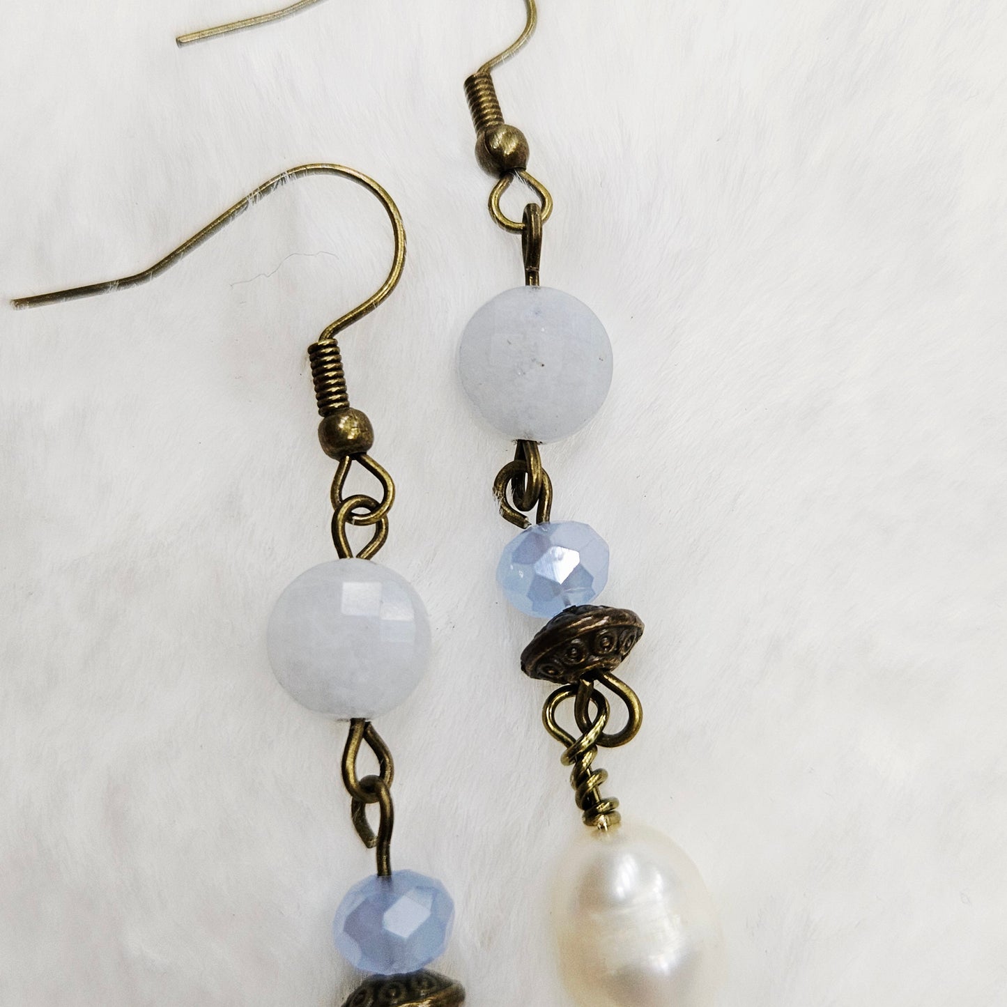 Antiqued Brass Baby Blue Natural Gem Cut Stone and Crystal Earrings with Freshwater Pearl Dangles
