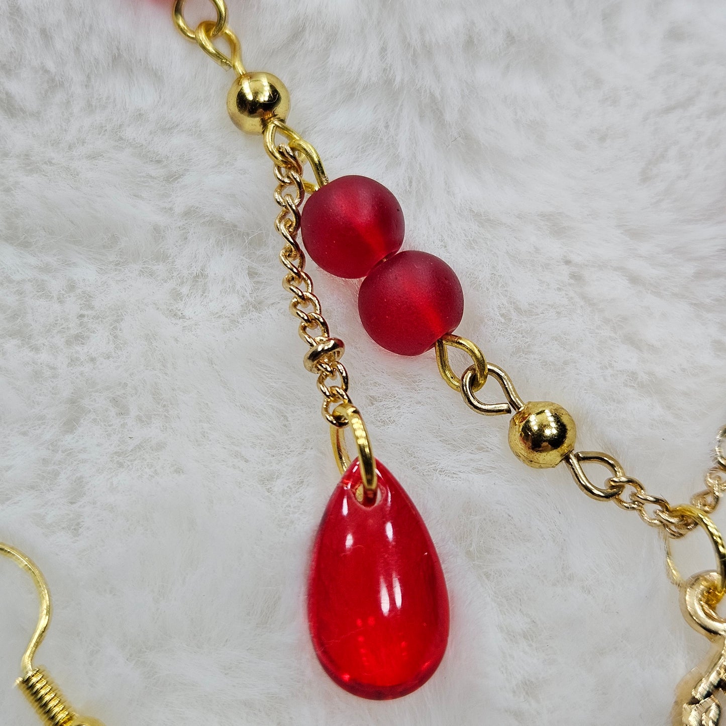 Taste for Blood Vampire Fang Necklace and Earrings with Red Glass Blood Drops Set in Gold