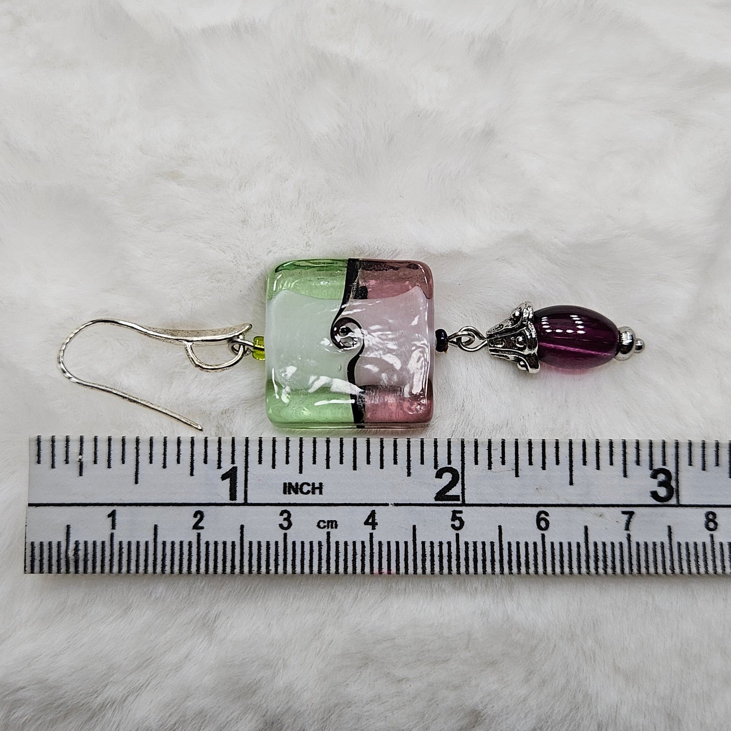 Fun and Funky Green and Purple Square Glass Pendant Necklace and Earrings Set on Silver - 28"/2¾"