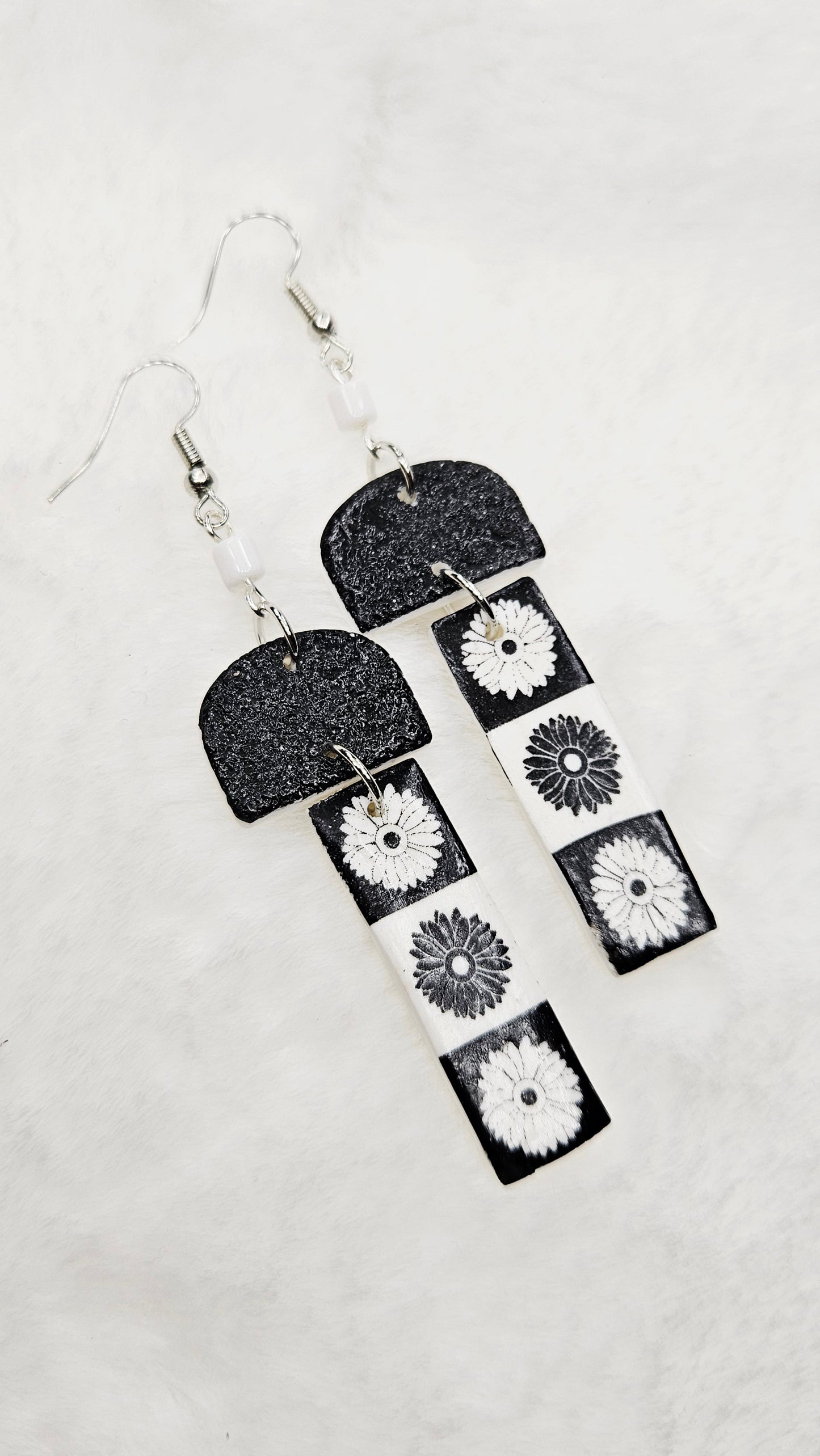 Monochrome Floral Print Clay Earrings with Black or White Arches - 3"