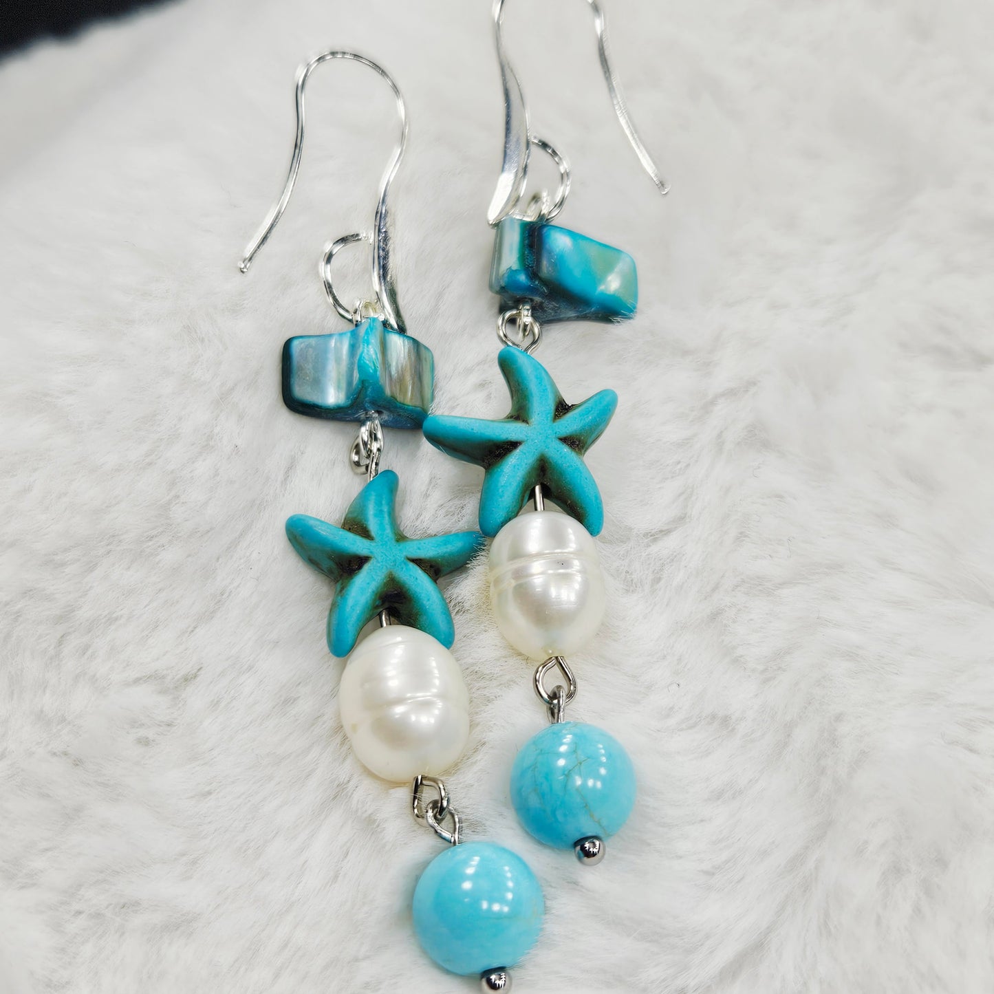 Turquoise Starfish Mother of Pearl Shell and Freshwater Pearl Earrings