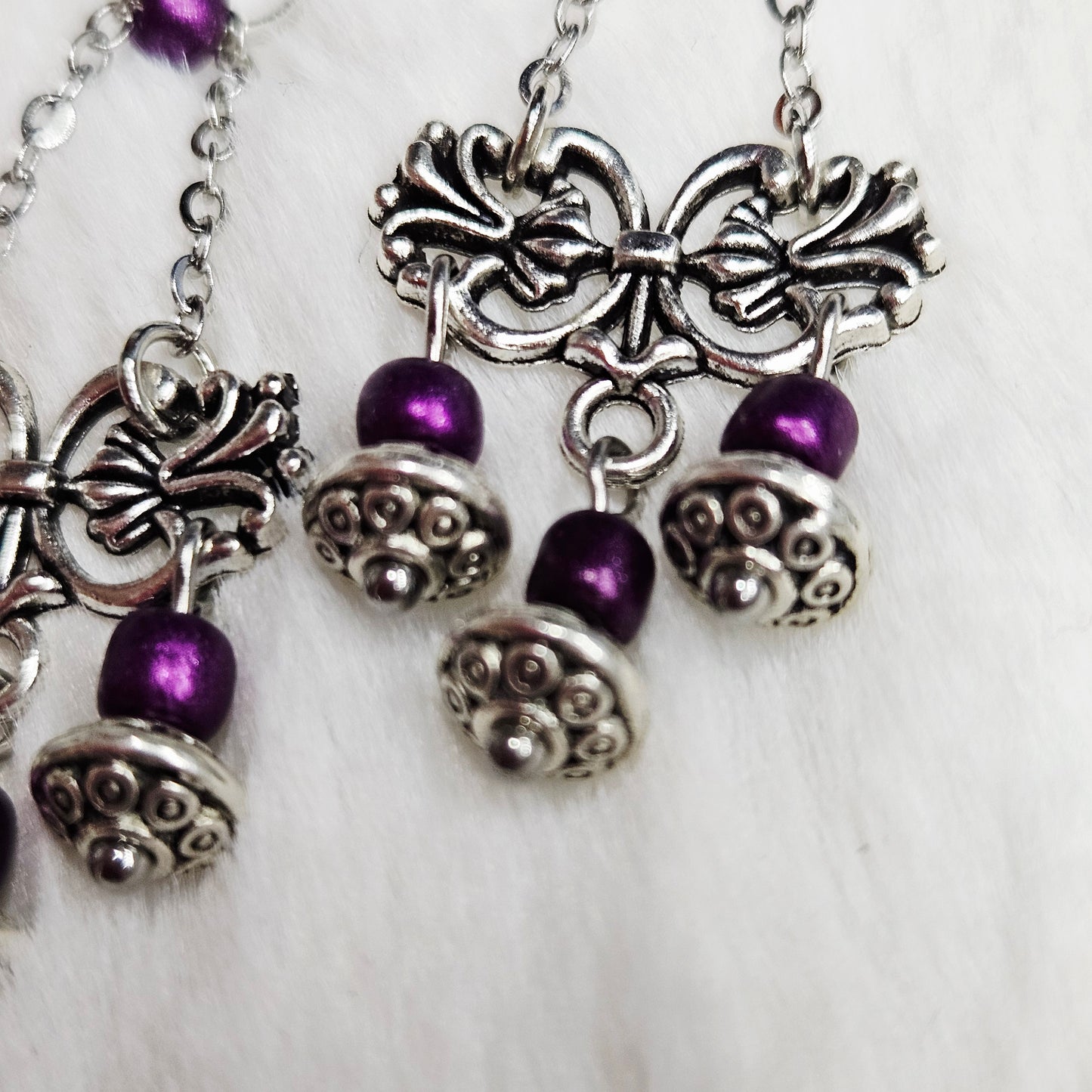 Tibetan Silver Chandelier Earrings on Chain with Purple Dangles