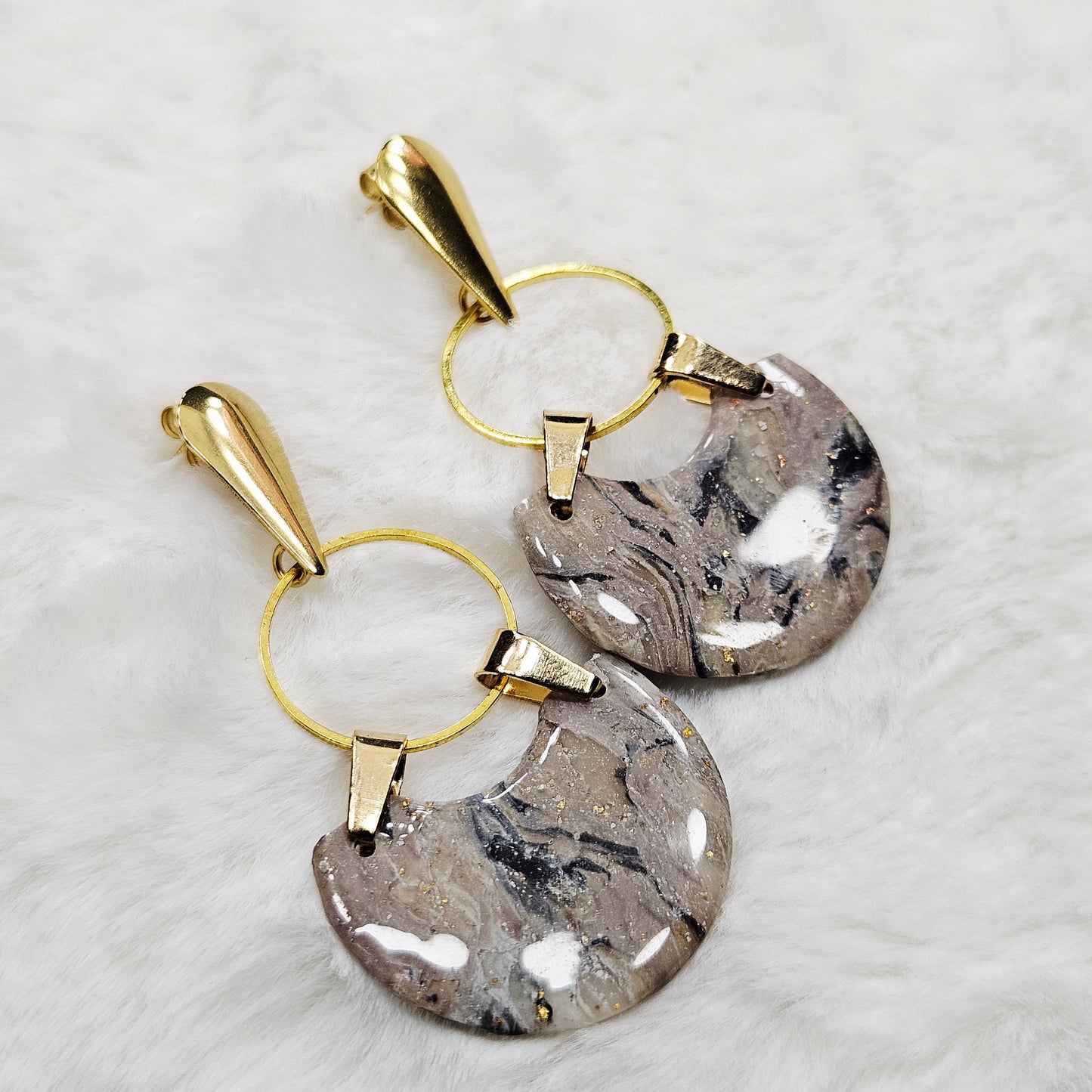 Black and Brown Marble Polymer Clay Earrings on Golden Hoops - 2⅜"