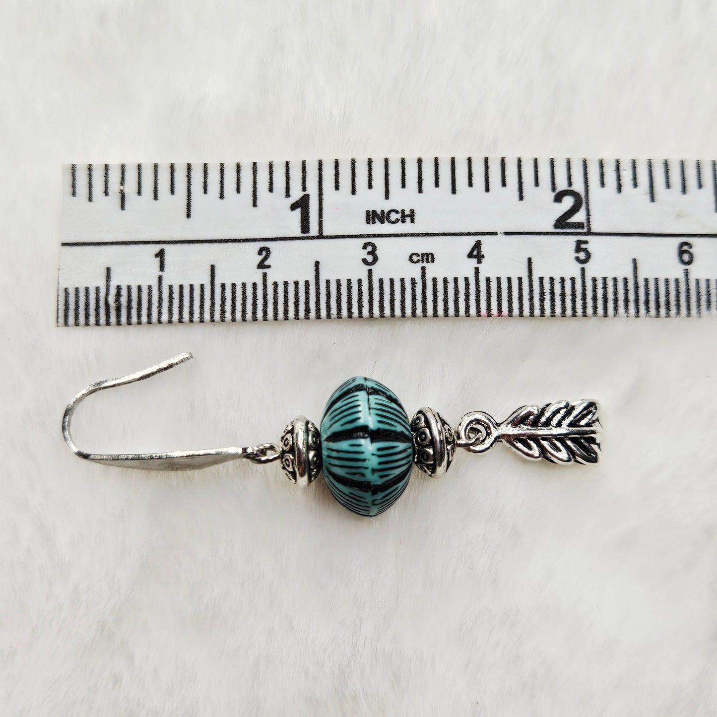 2 inches long, Western Style Vintage Turquoise Silver Dangle Earrings with Feather Charms