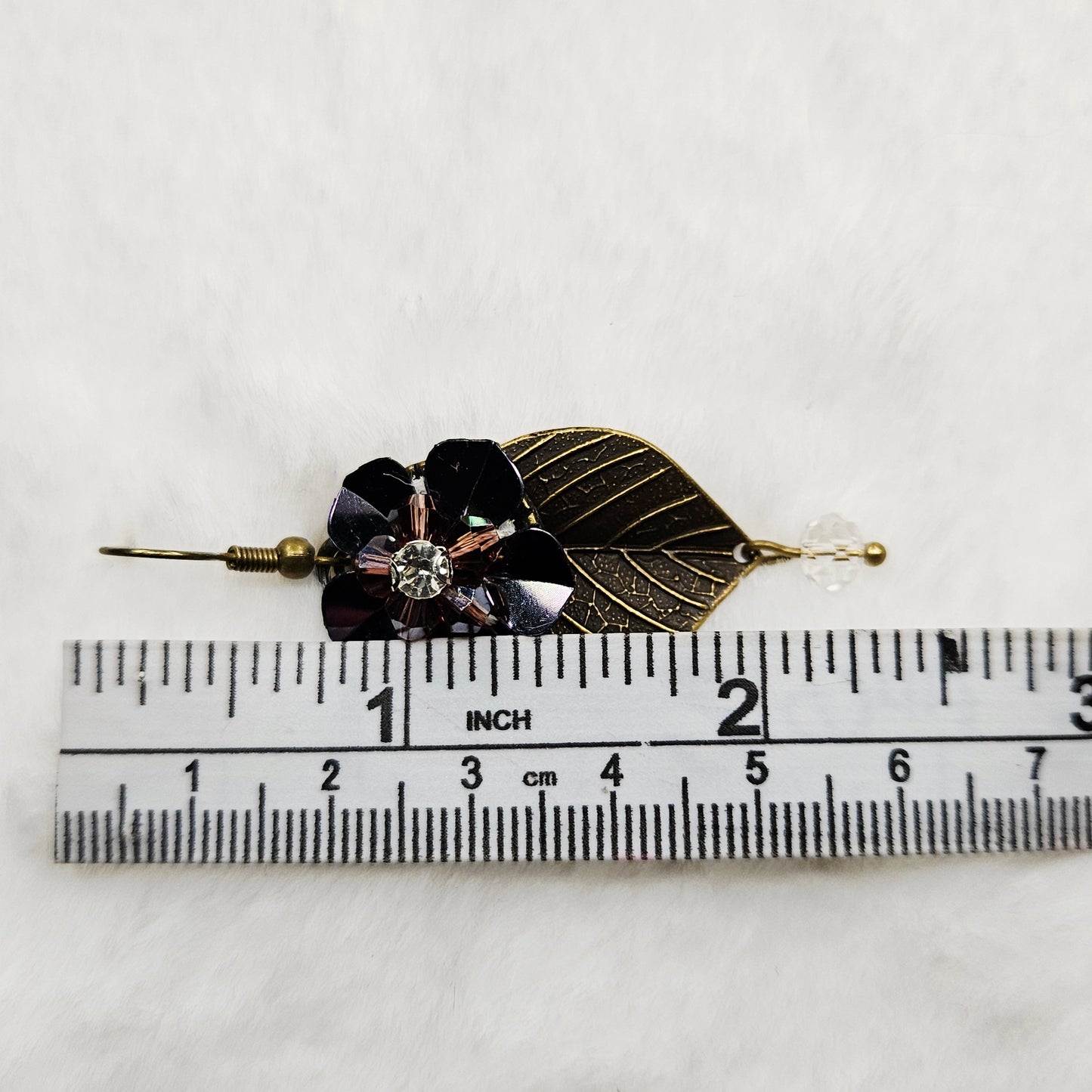 Antiqued Brass Leaf Earrings with Dark Purple Irridescent Flowers and Clear Crystal Dangles