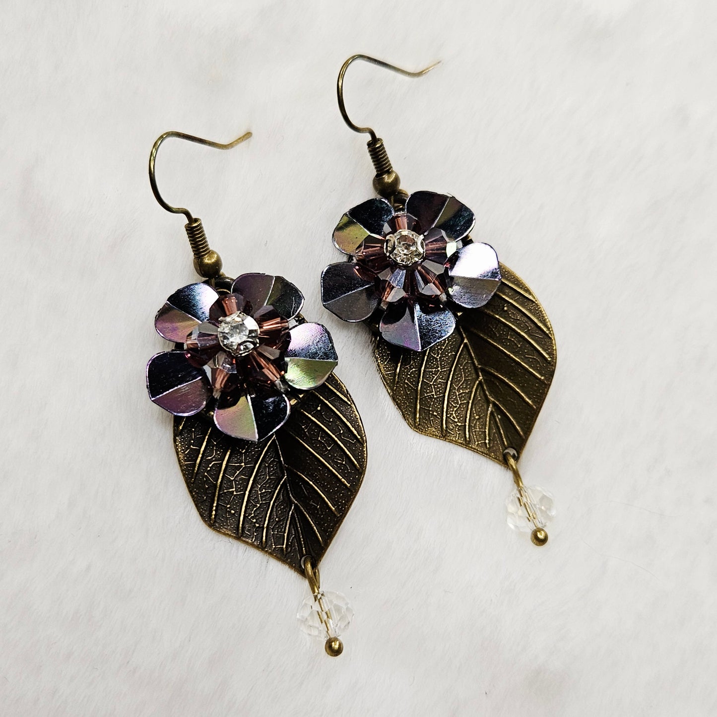 Antiqued Brass Leaf Earrings with Dark Purple Irridescent Flowers and Clear Crystal Dangles