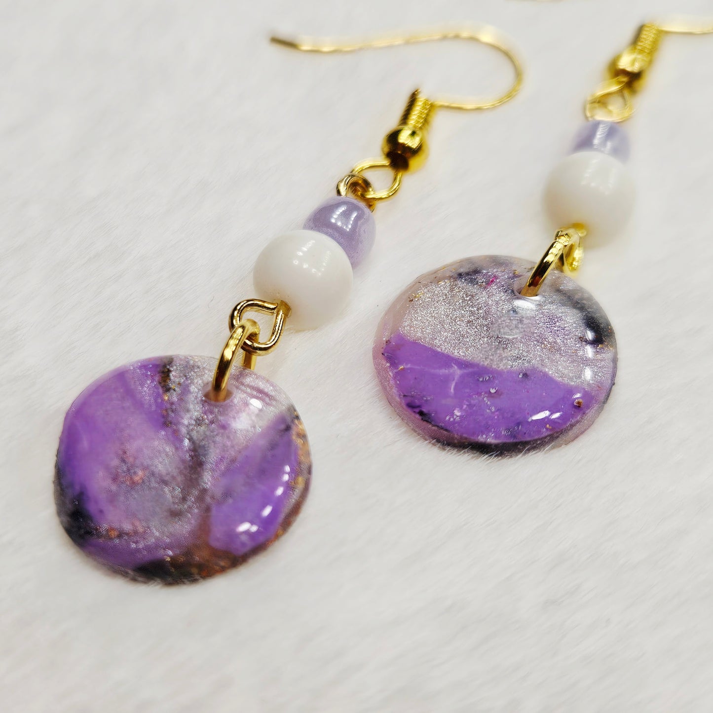 Purple Polymer Clay Marble with Gold Fleck Dangle Earrings in Gold or Silver