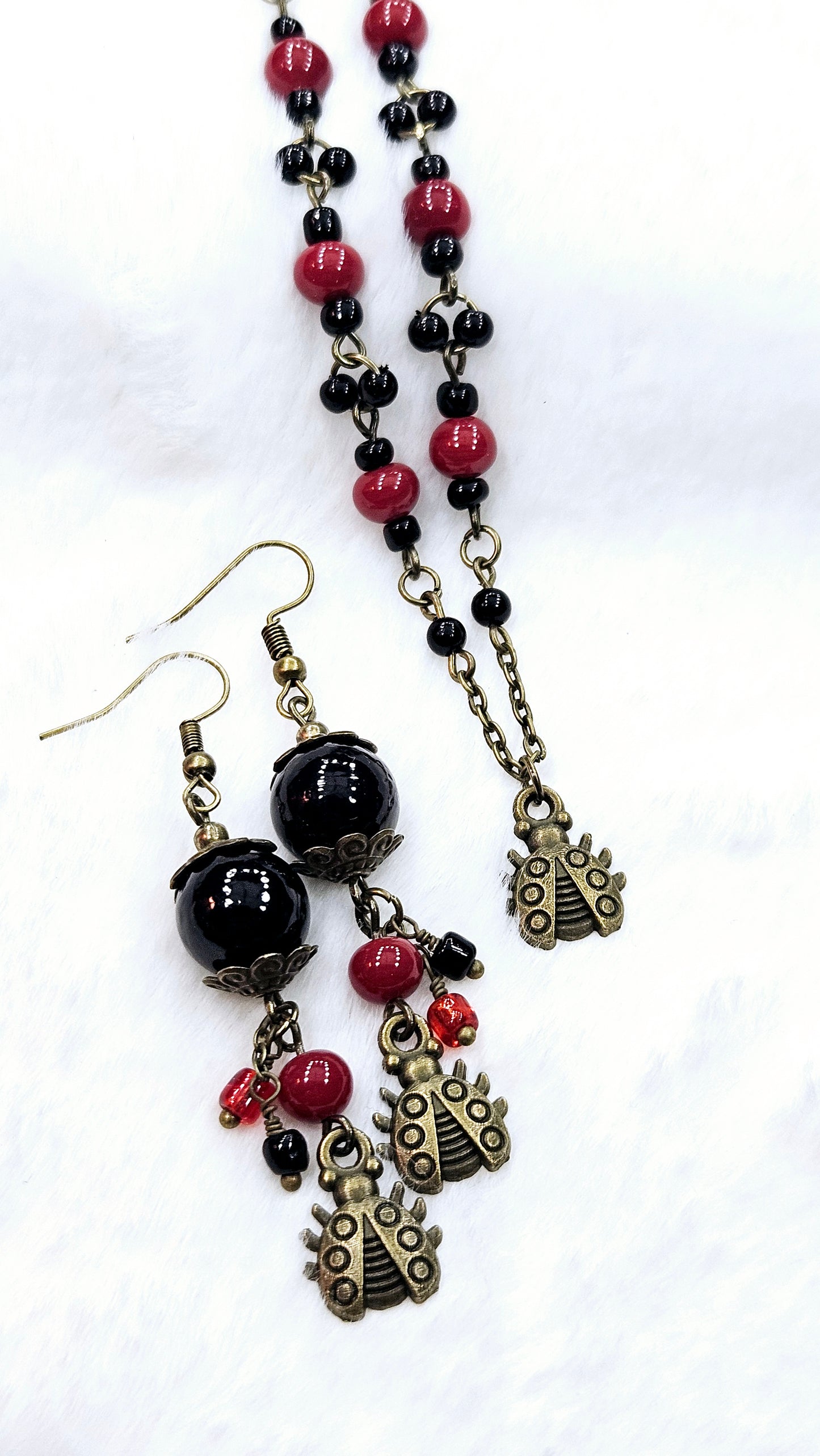 Loveable Little Ladybug Set: Brass Ladybug Pendant Necklace & Earrings with Red & Black Beads