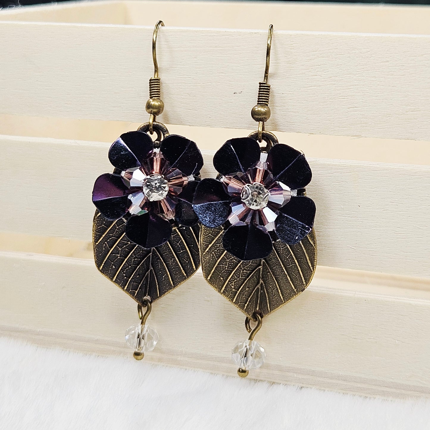 Antiqued Brass Leaf Earrings with Dark Purple Irridescent Flowers and Clear Crystal Dangles