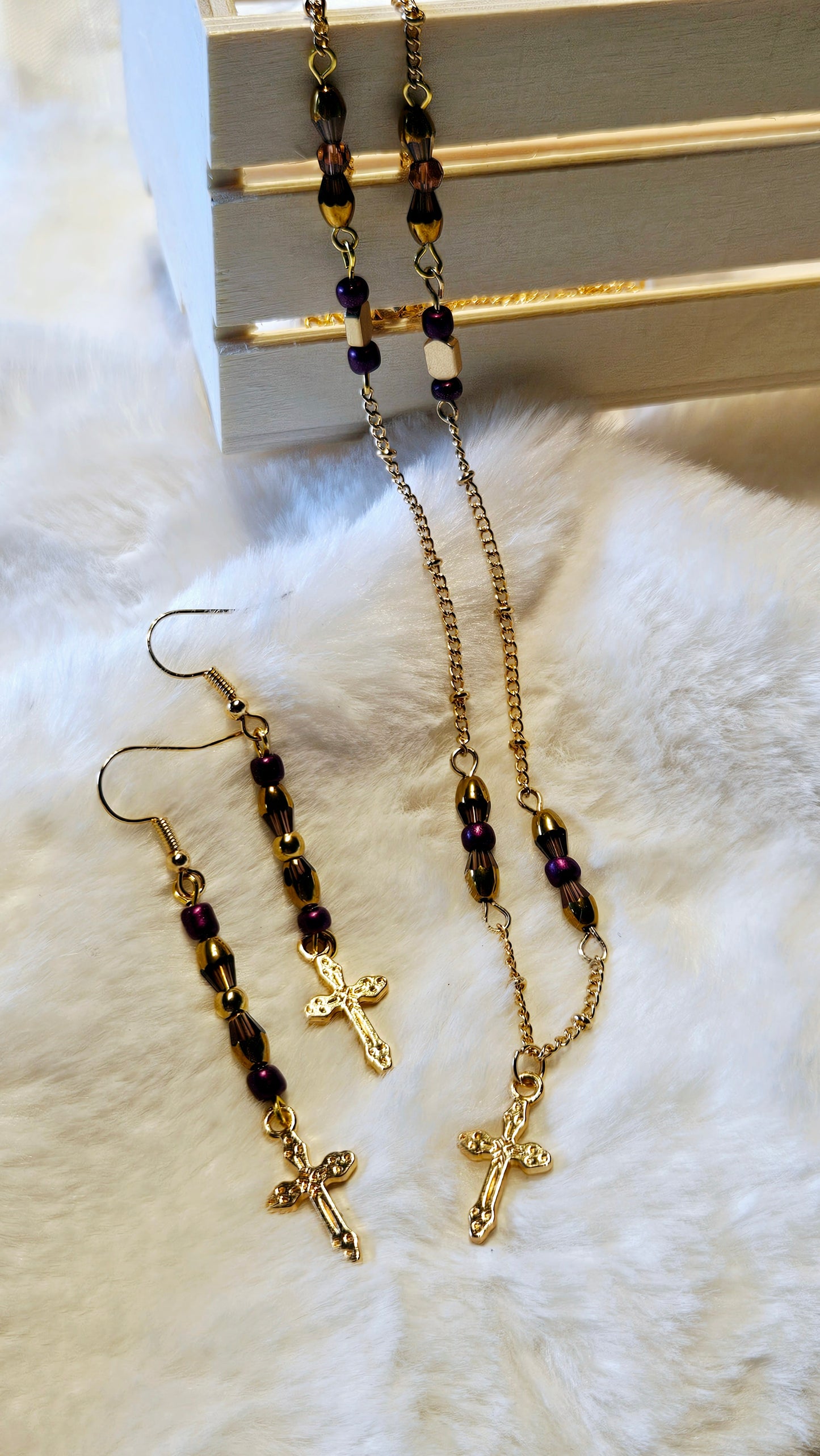 Graceful Gold & Purple Set - Golden Cross Pendant Necklace & Matching Earrings