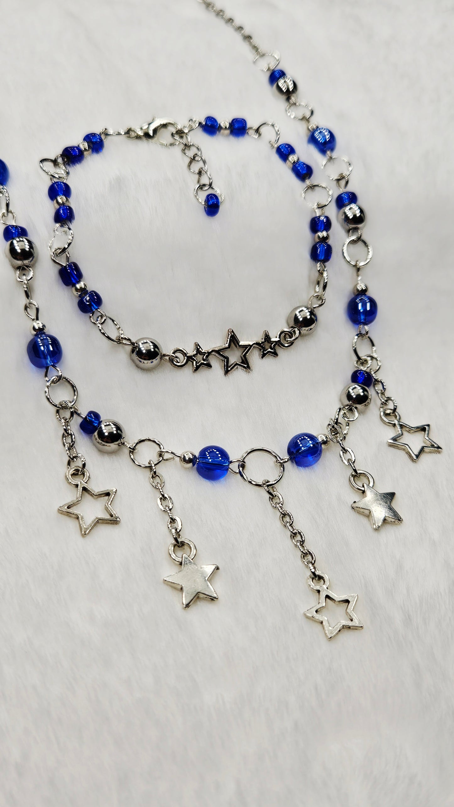 Cobalt Blue and Silver Stars Charm Necklace with Bracelet Set