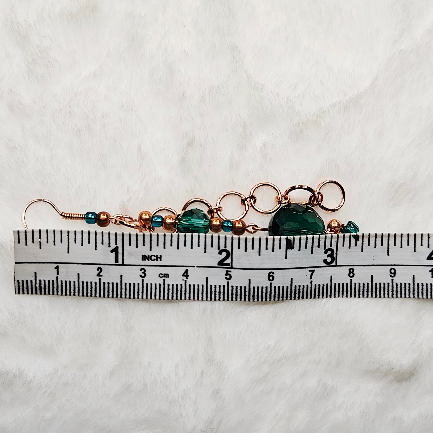 Unique Green Emerald Austrian Crystal and Red Copper Chain Earrings