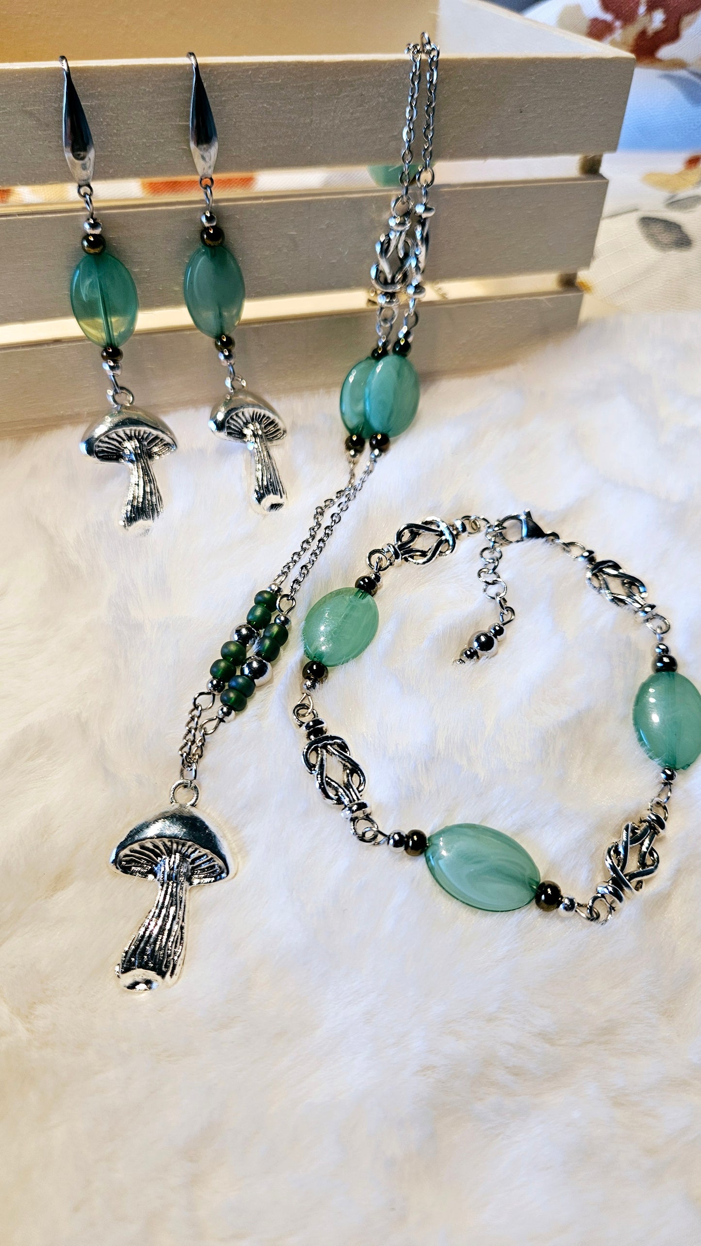 Jade Mushrooms Set - Large Silver Mushroom Pendant Necklace, Matching Mushroom Charm Earrings & Bracelet with Jade Green