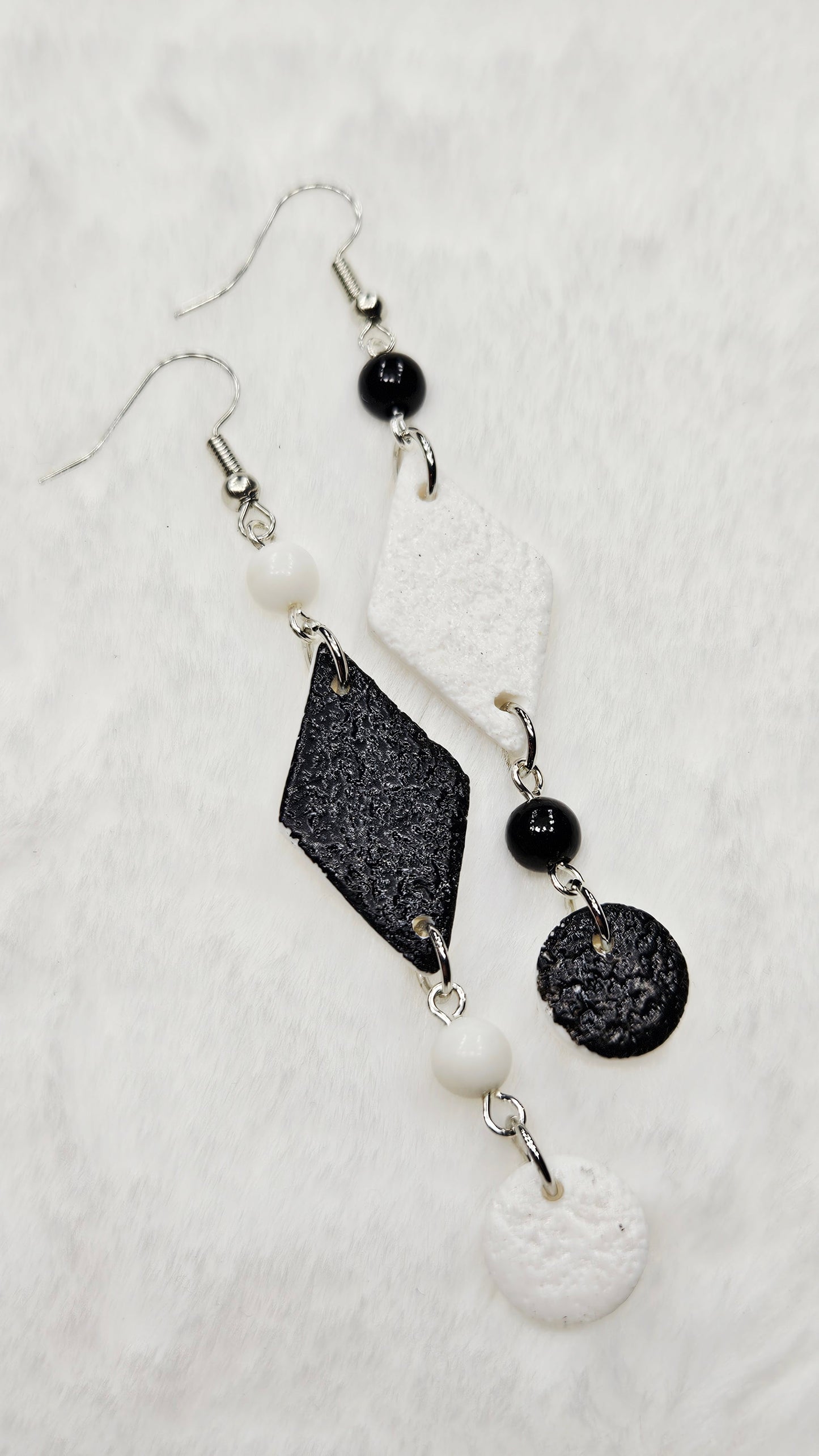 Monochrome Clay Kites Asymmetrical Dangle Earrings with Beads & Buttons
